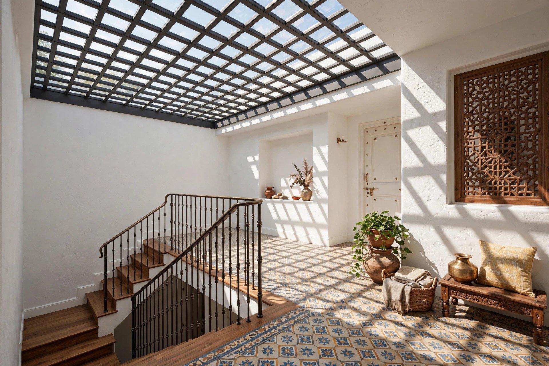 Staircase landing with a skylight-style glass ceiling in an aluminium grid