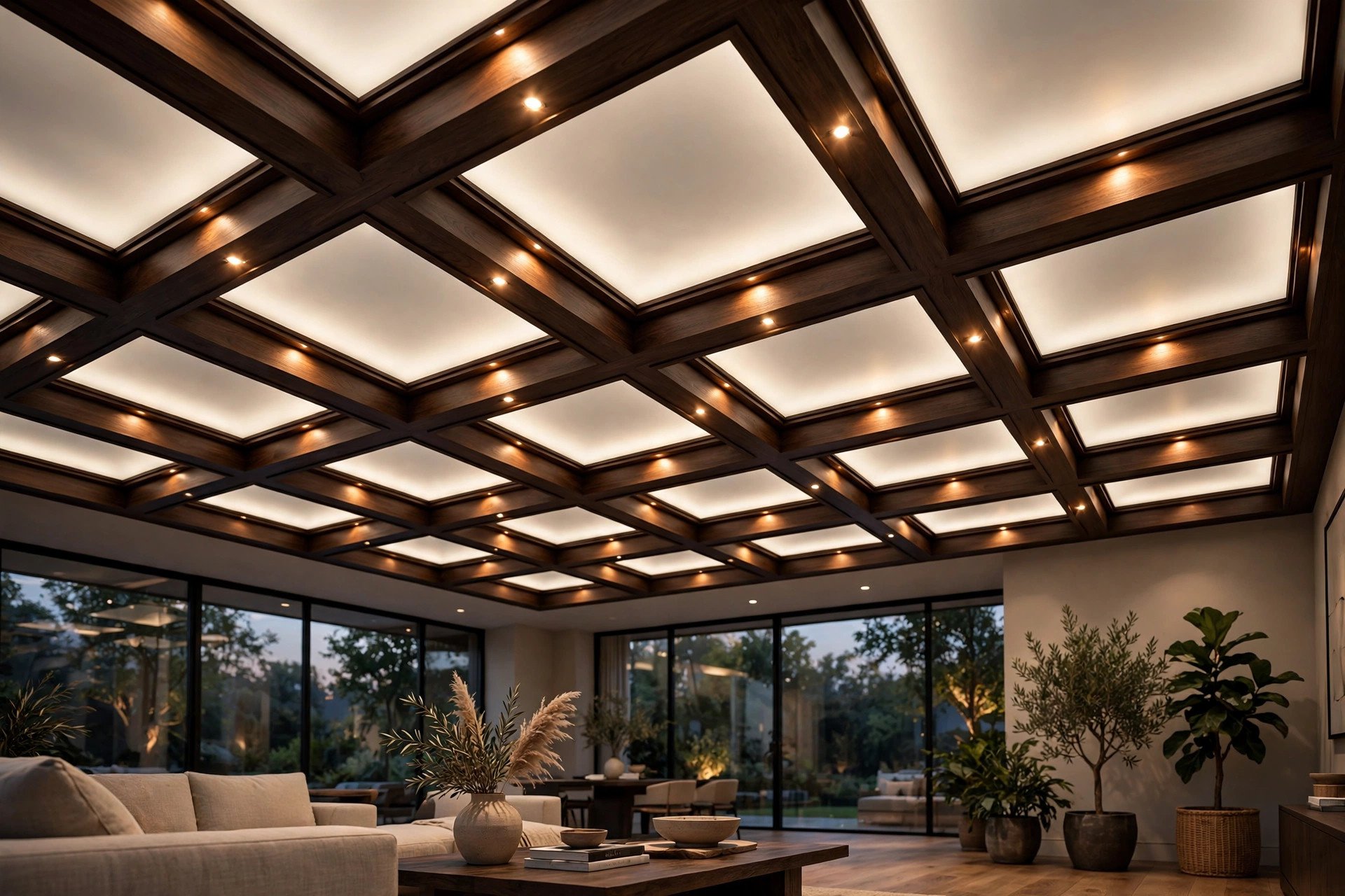 Living room ceiling with frosted glass panels set in dark wooden coffered frames