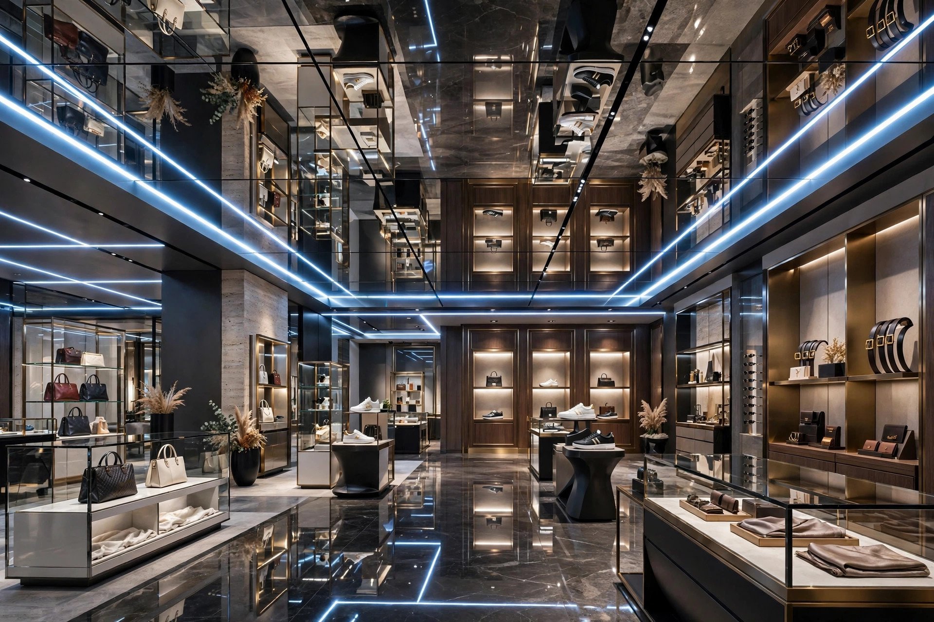 Upscale retail showroom with a glossy mirrored glass ceiling and LED strip lighting