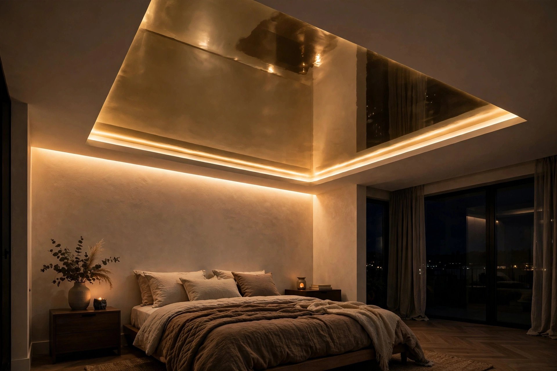 Bedroom ceiling with champagne-gold back-painted glass panel and hidden LED cove
