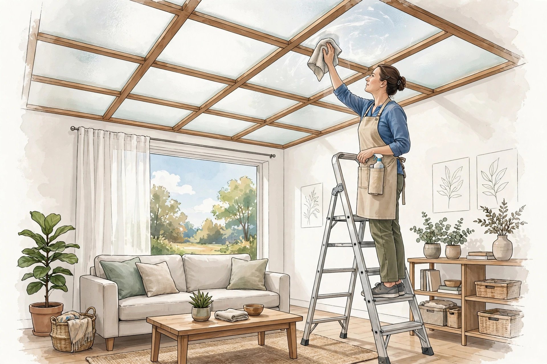 Person on a step ladder wiping a frosted glass ceiling panel with a microfibre cloth