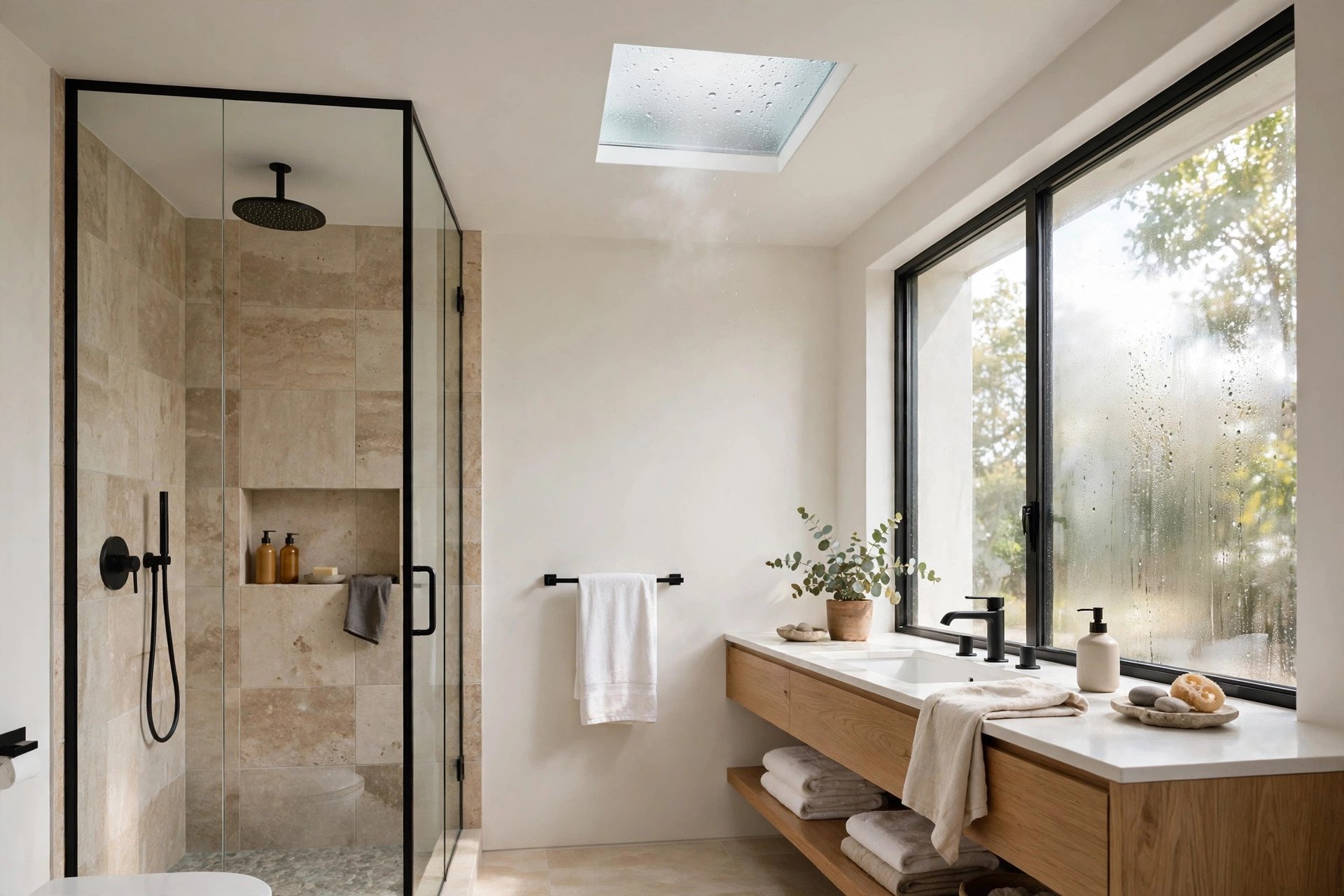 Modern bathroom with a small frosted glass ceiling panel showing faint steam condensation