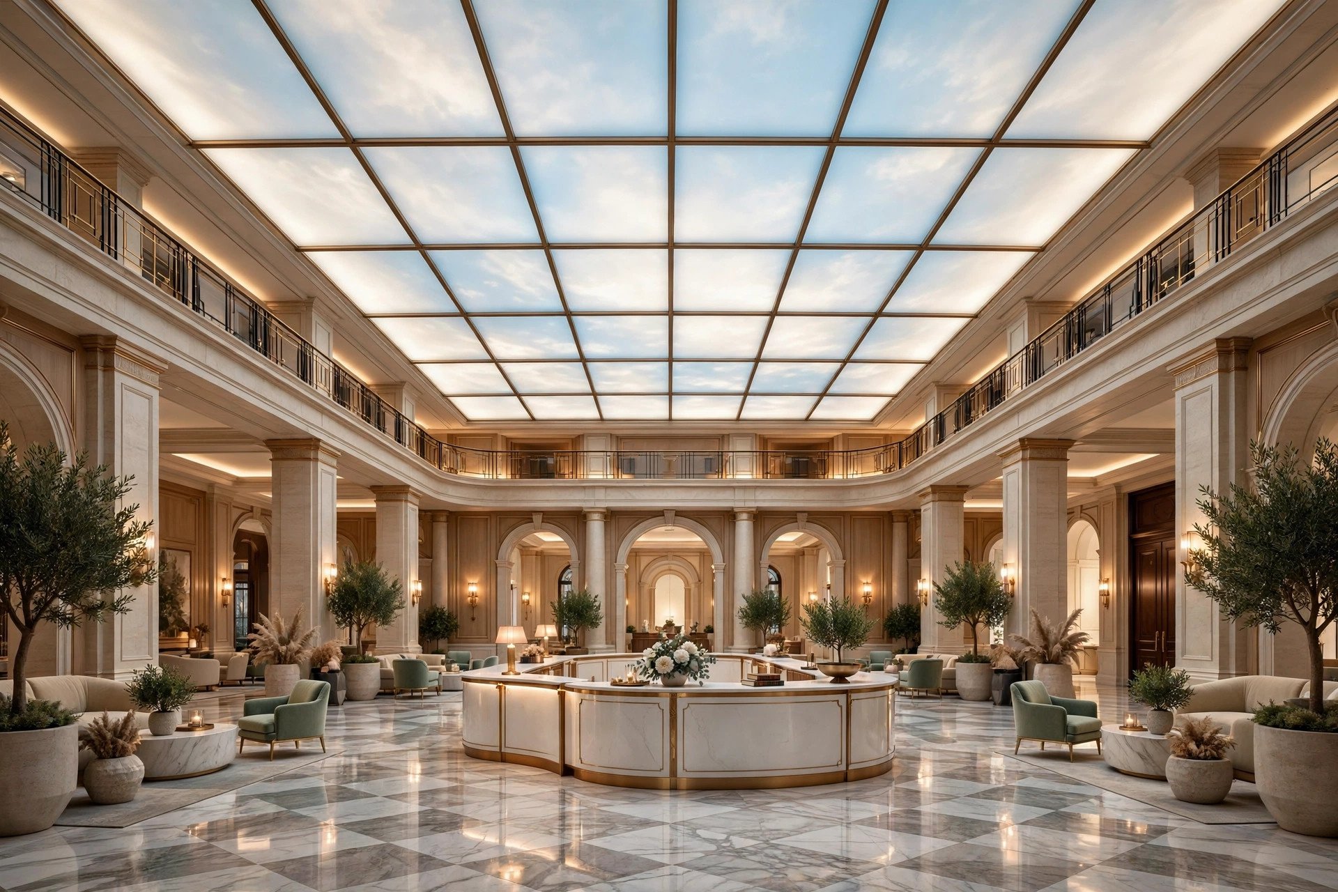 Grand hotel lobby with a large backlit glass ceiling glowing like a soft sky
