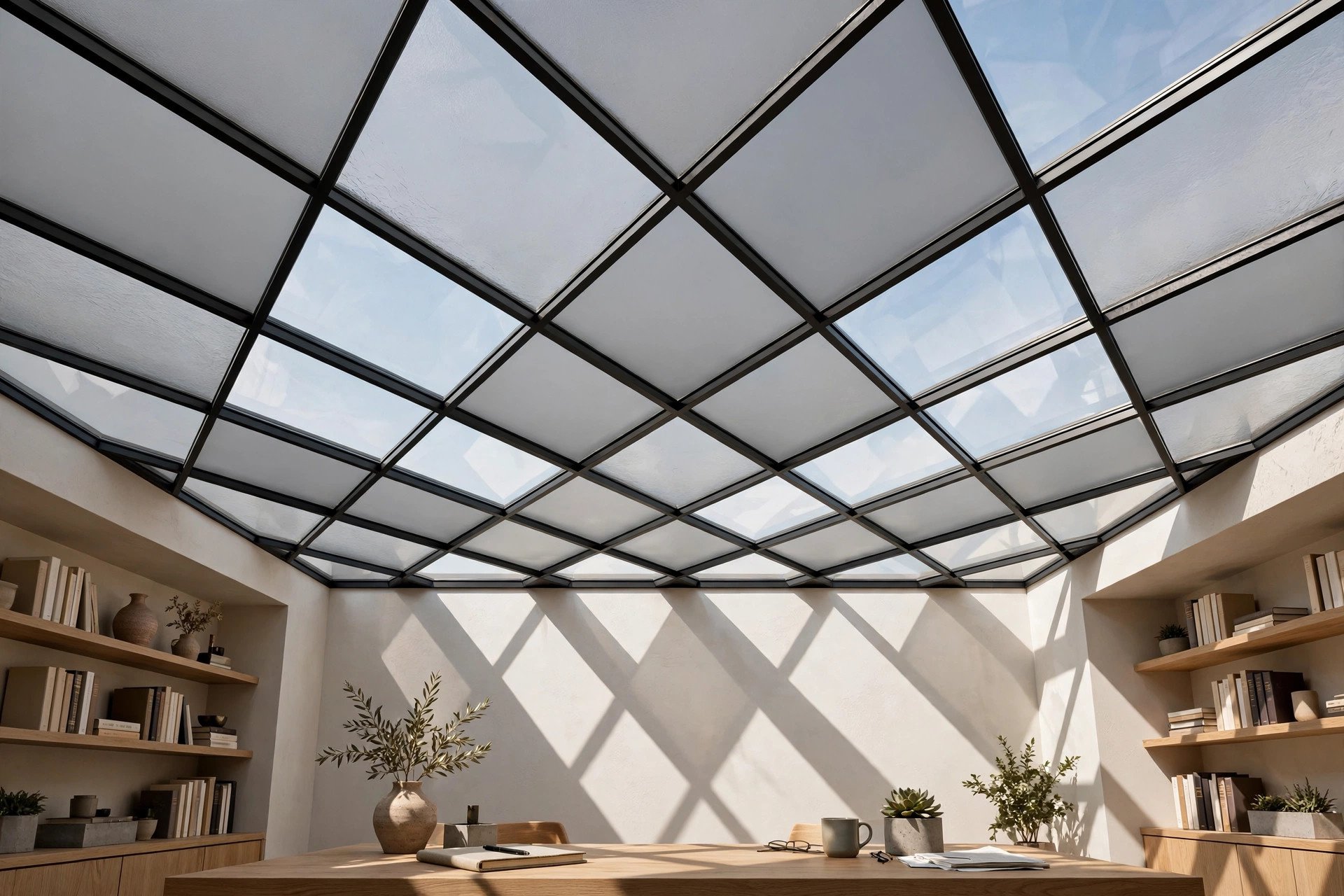 Study room ceiling with geometric frosted and clear glass panels in thin black frames