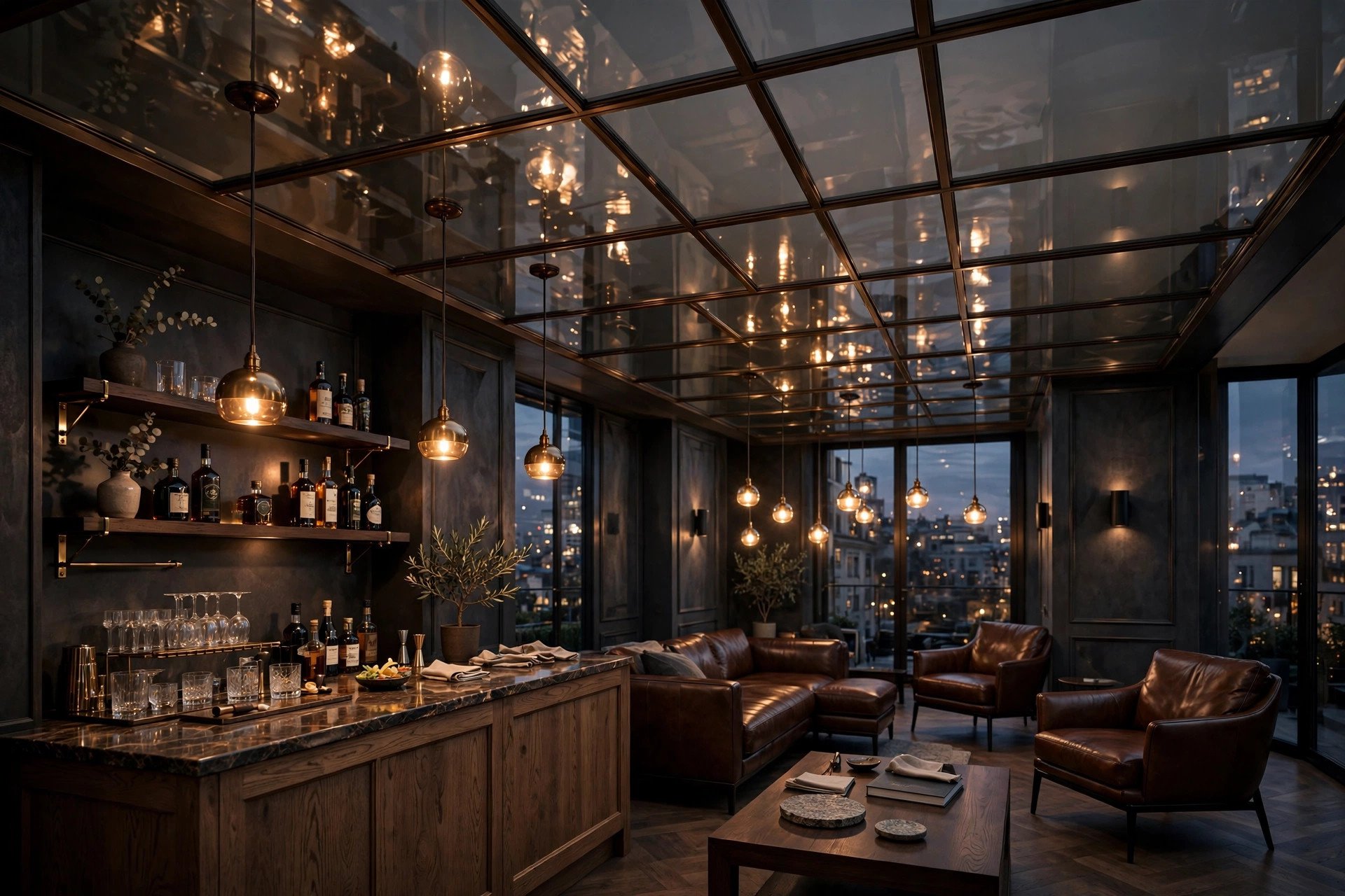 Home bar lounge with a bronze-tinted glass ceiling reflecting warm pendant lights
