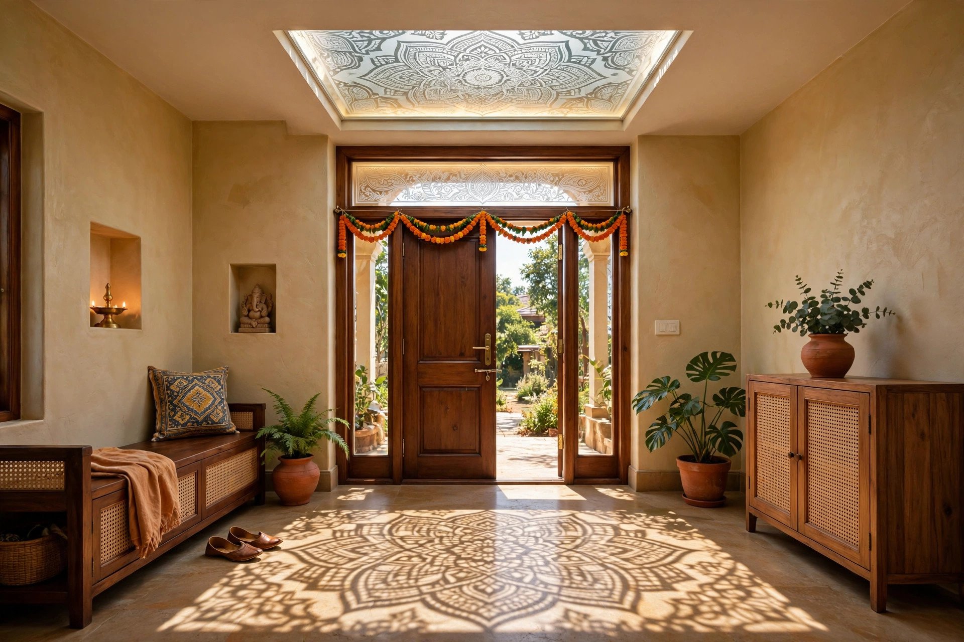 Home entrance foyer with a backlit etched glass ceiling panel above the door