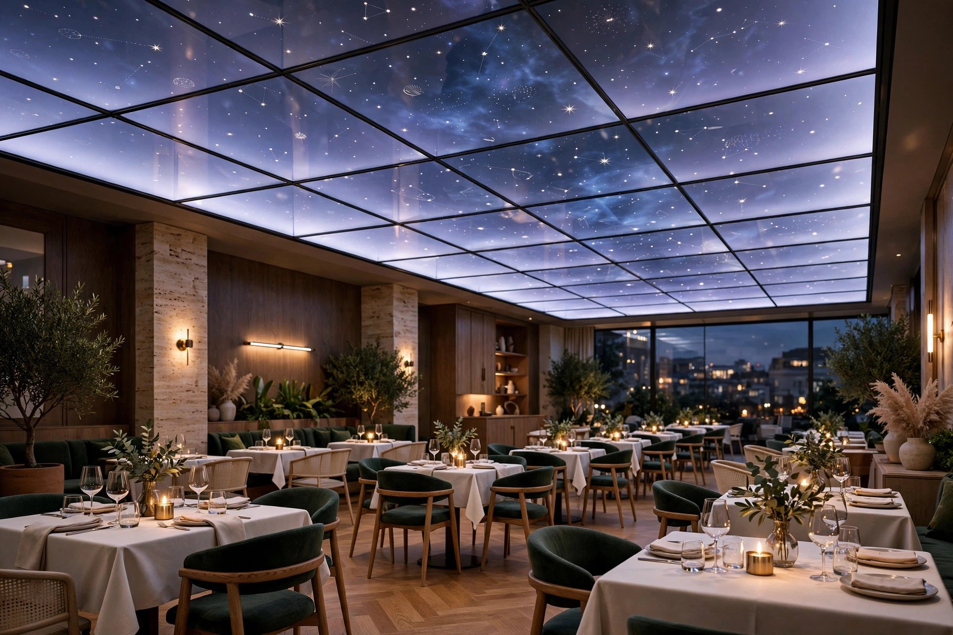 Restaurant dining hall with a backlit starry-sky printed glass ceiling