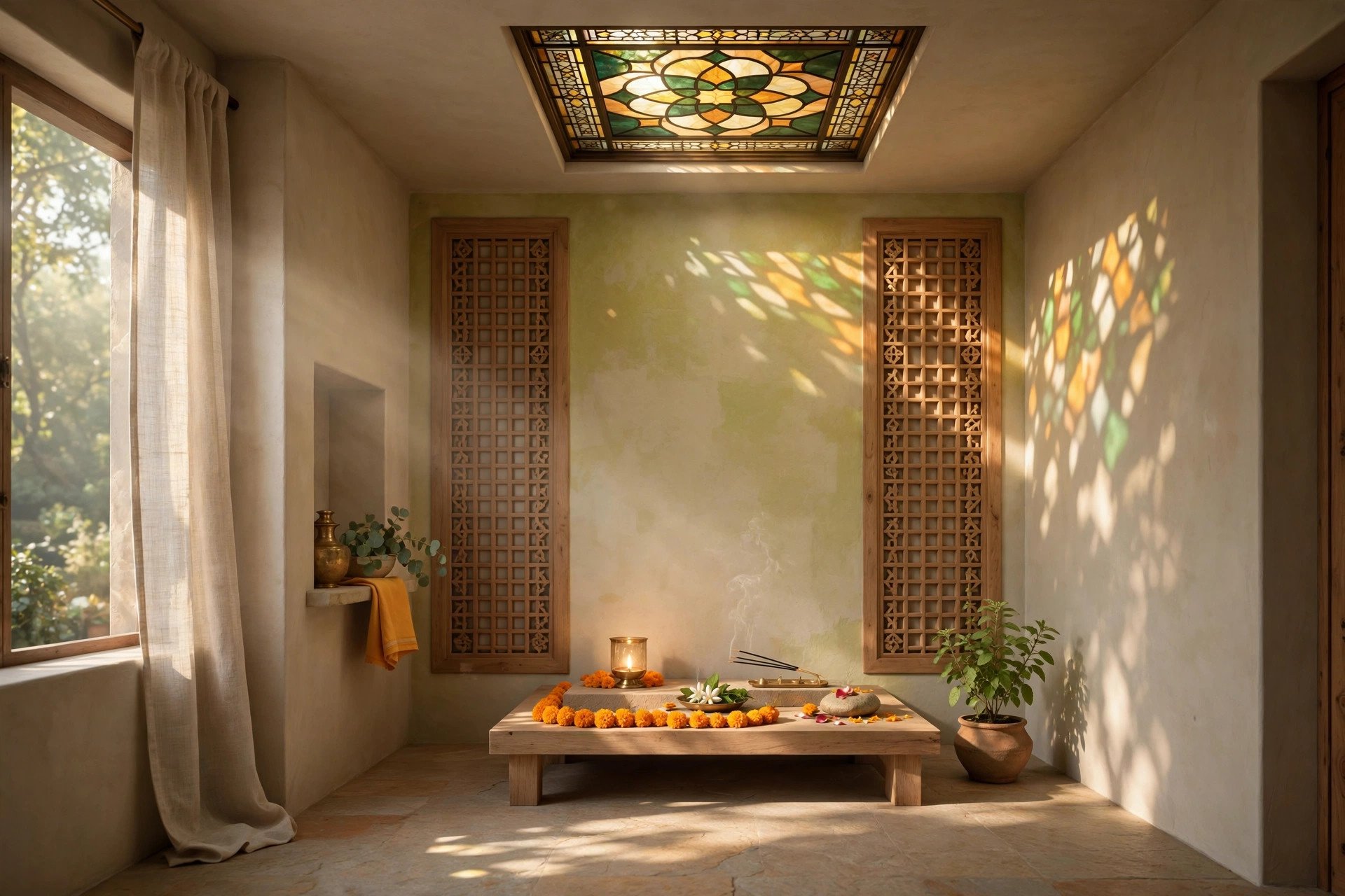 Indian prayer room with a small stained-glass ceiling inset in saffron and gold tones