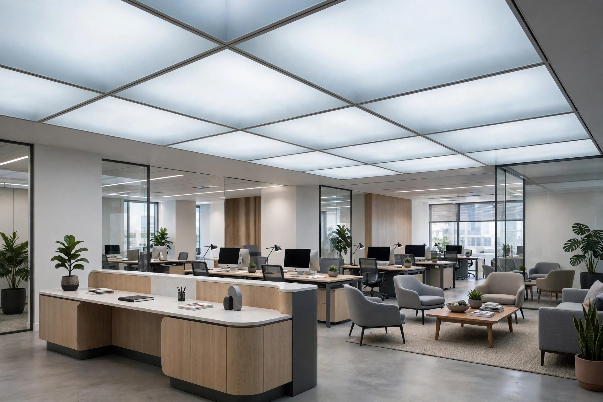 Modern office reception with glowing frosted glass ceiling panels