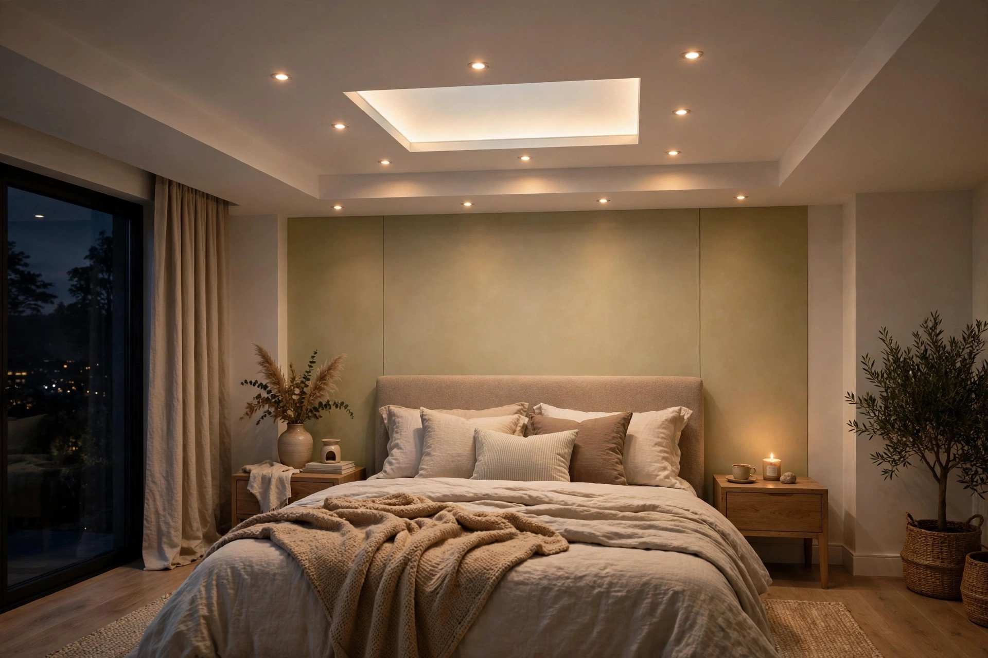 Master bedroom with a single frosted glass accent panel above the bed