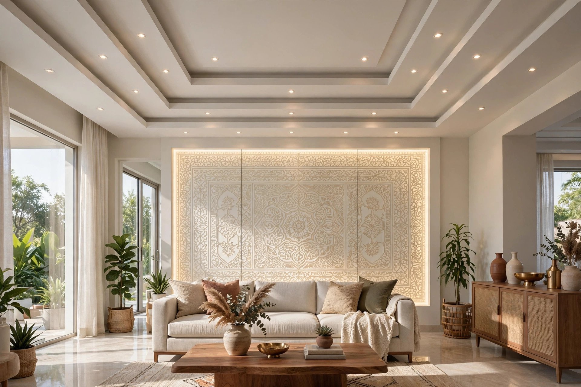 Living room with a central printed glass panel surrounded by layered gypsum false ceiling