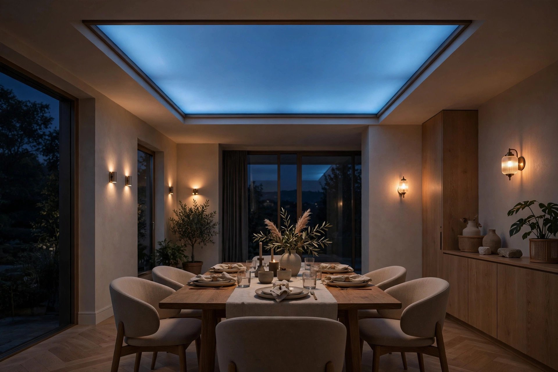 Dining room at night with a blue-tinted backlit glass ceiling panel glowing softly