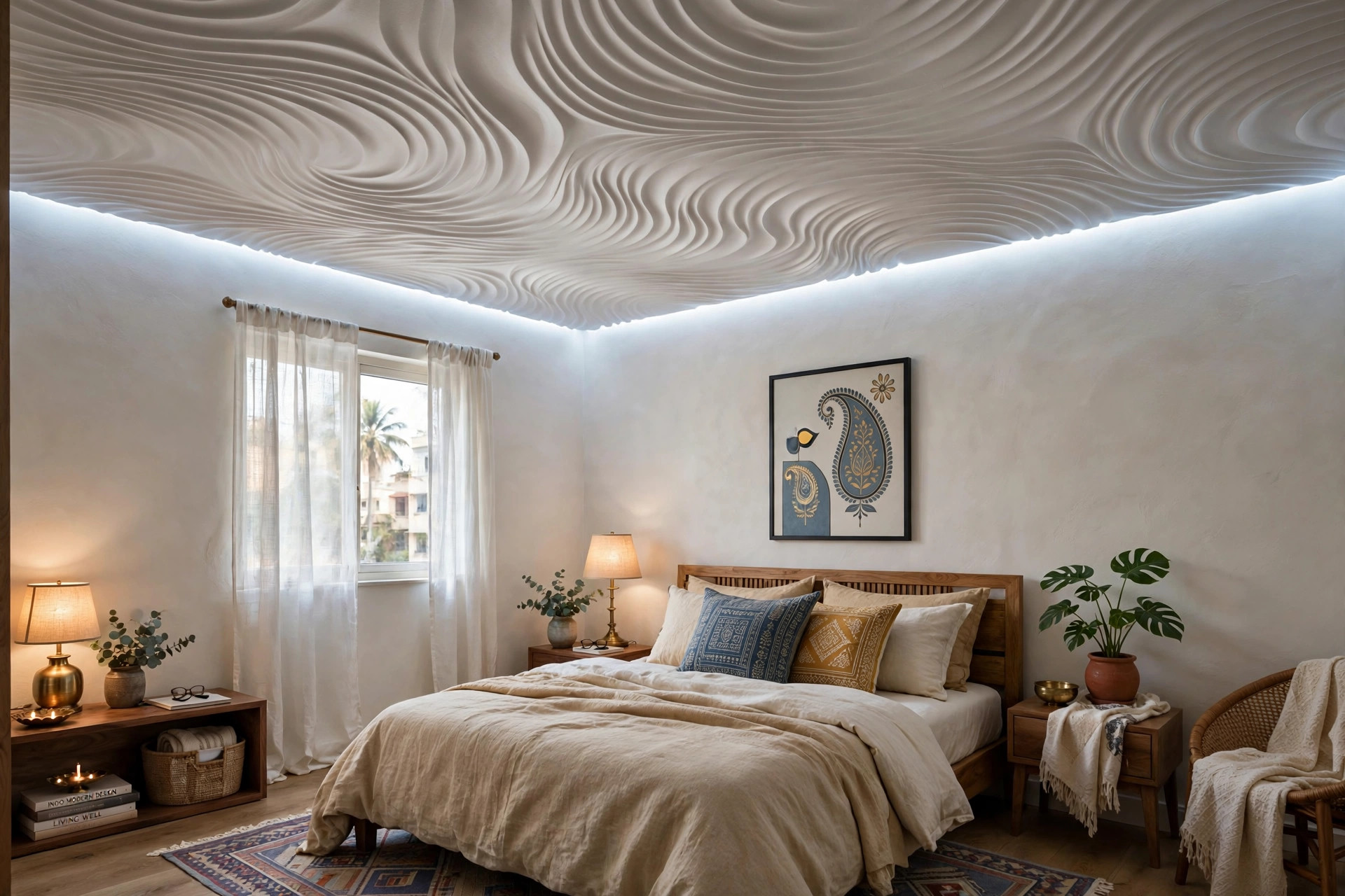 Concept render of a bedroom with a 3D sculpted white thermocol panel ceiling and cool cove lighting