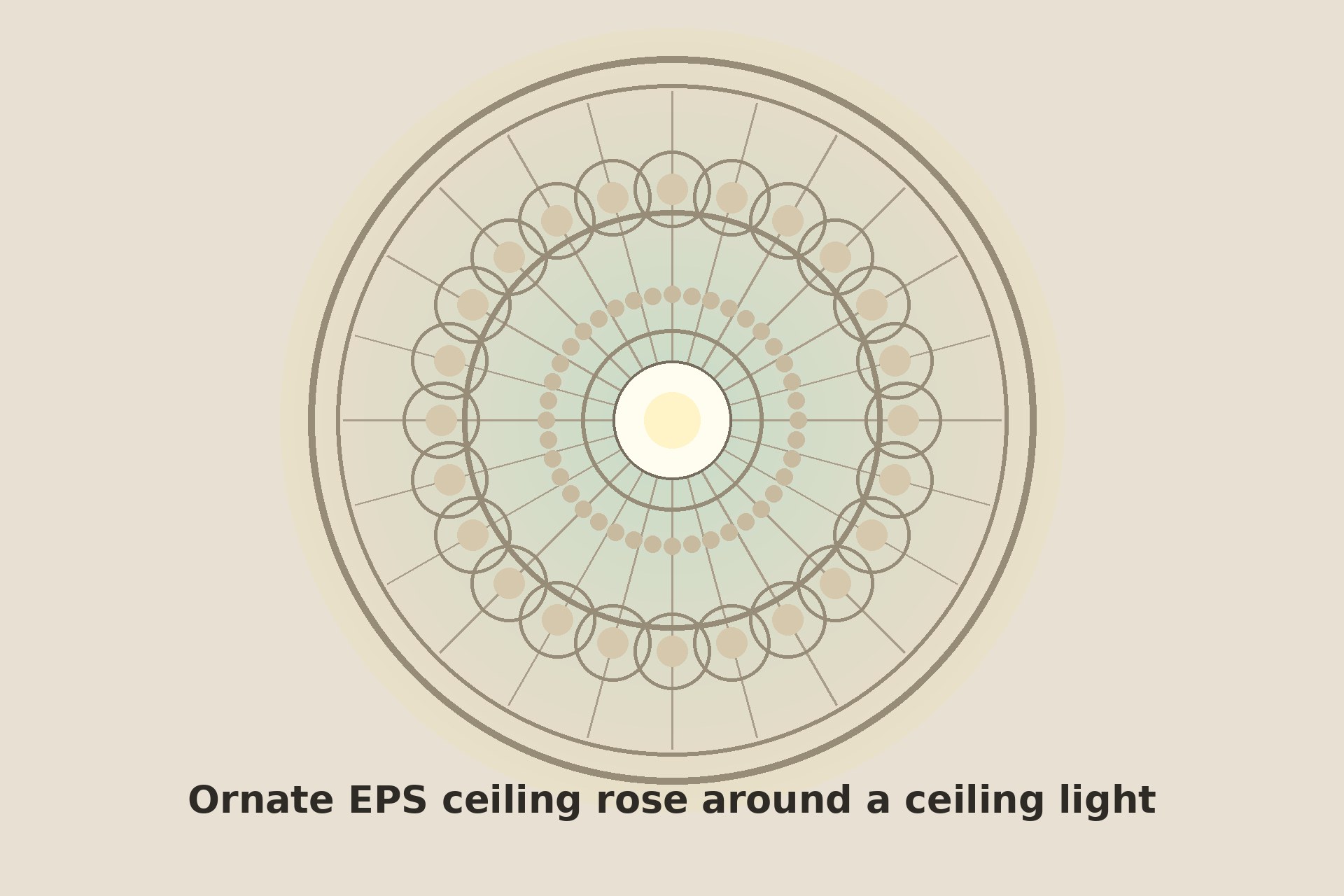 Illustration of an ornate circular thermocol ceiling rose around a ceiling light fixture