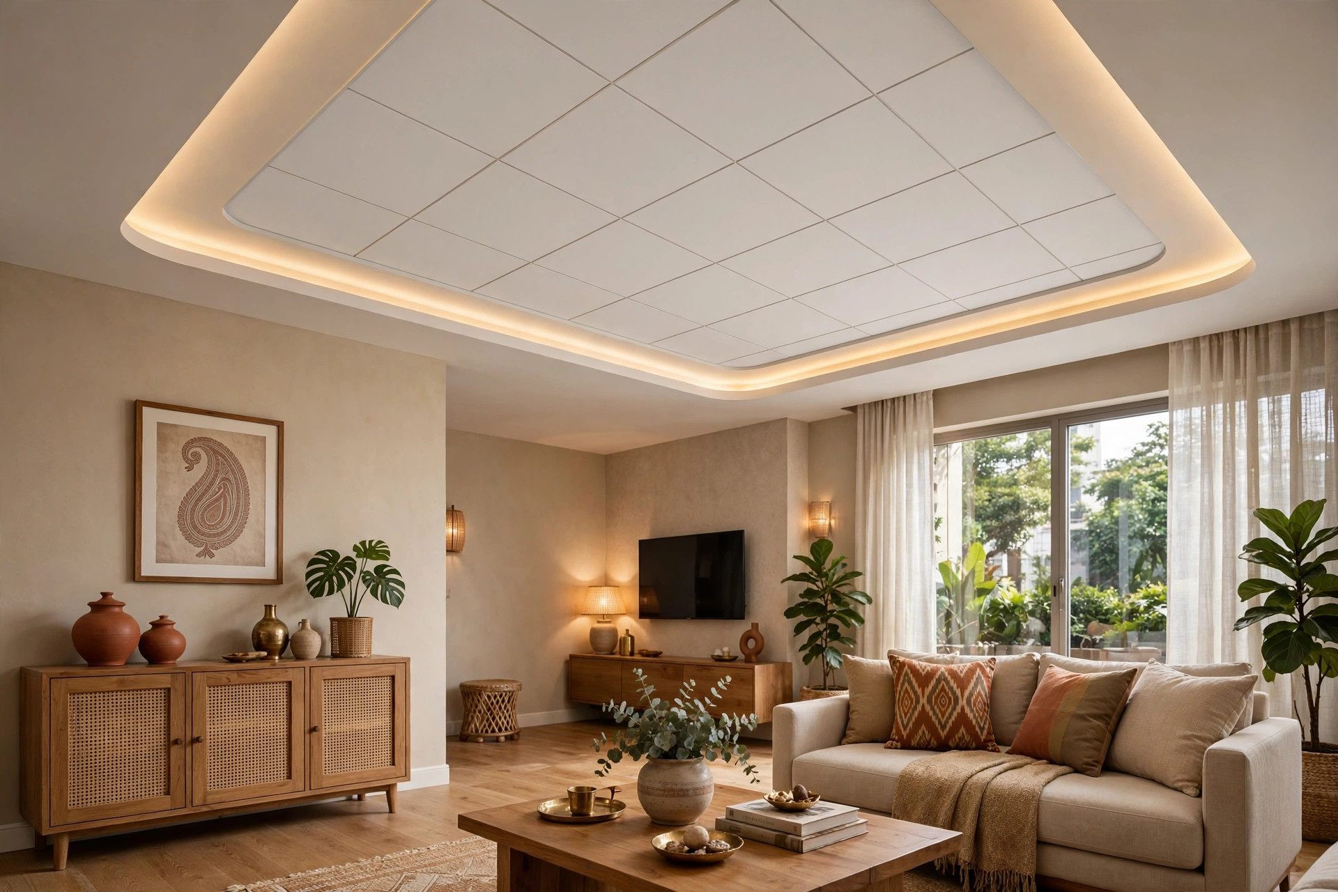 Concept render of a living room with a combination ceiling: gypsum border frame with cove light and central thermocol tile panel