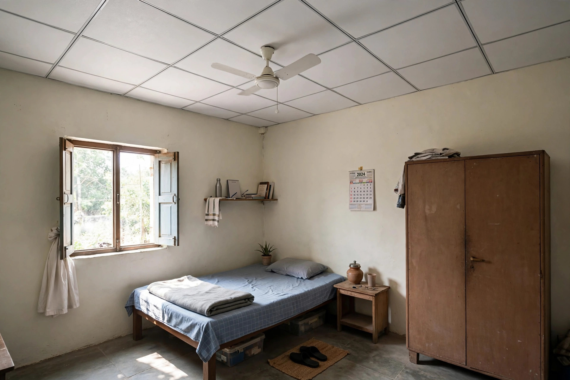 Concept render of a simple budget bedroom with a plain white thermocol tile false ceiling and a ceiling fan
