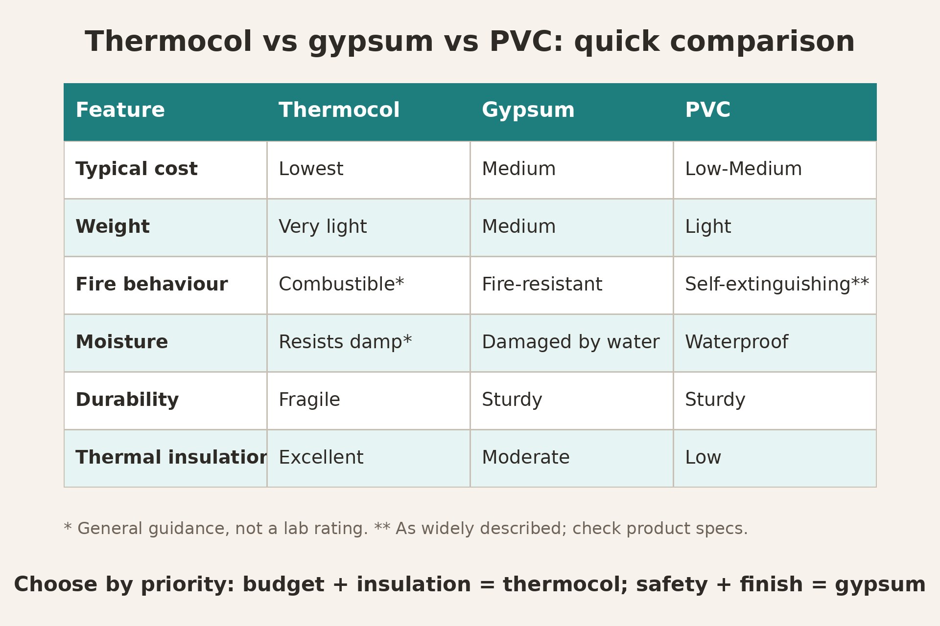 Illustration of a comparison chart between thermocol, gypsum and PVC false ceilings