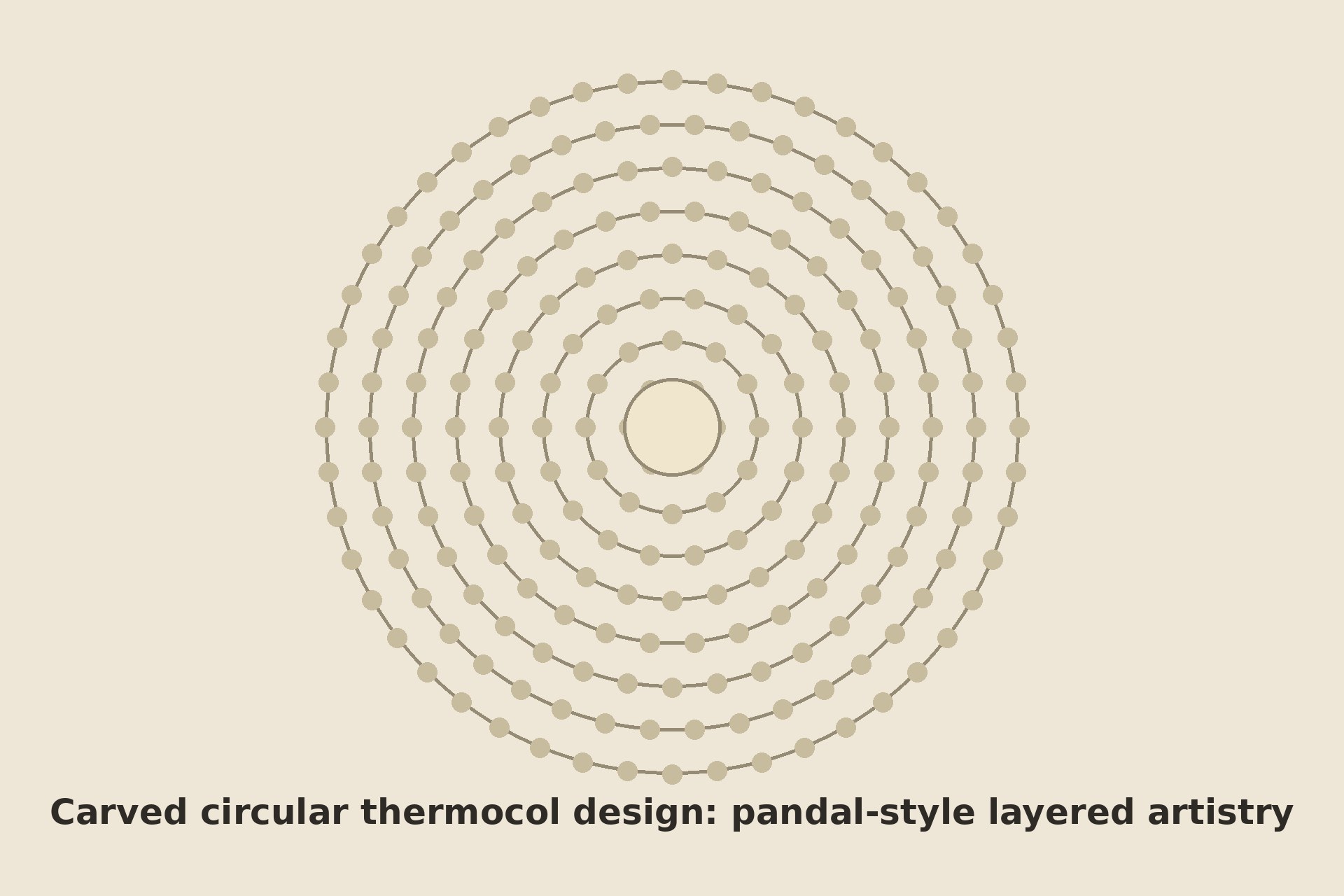 Illustration of a carved circular thermocol ceiling design with concentric decorative rings