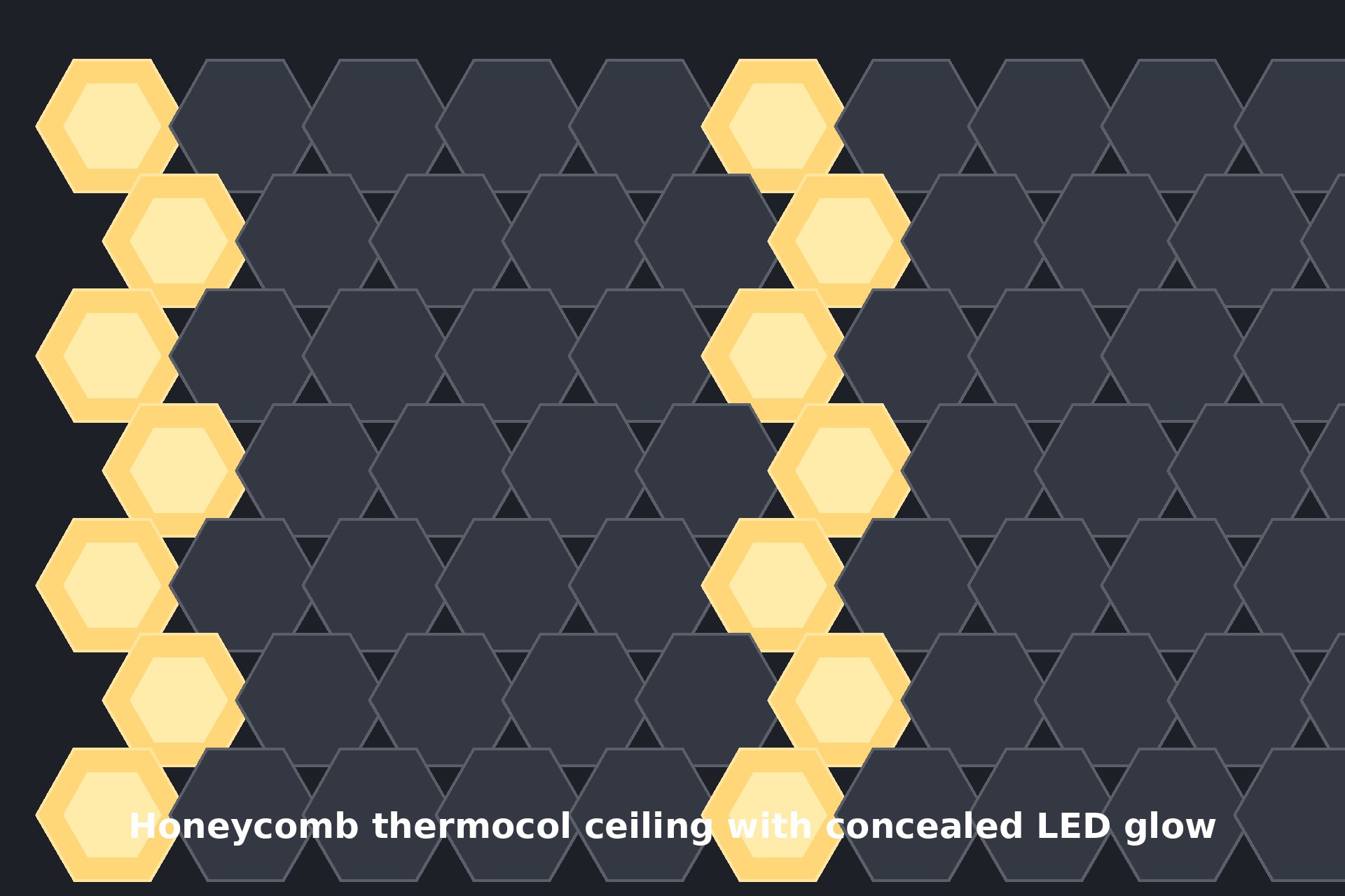 Illustration of a honeycomb-patterned thermocol ceiling with glowing hexagonal light modules