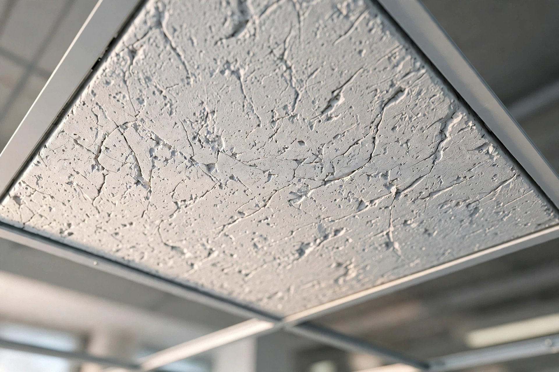 Close-up of a white mineral fibre ceiling tile with fine fissured texture resting in a metal T-bar grid