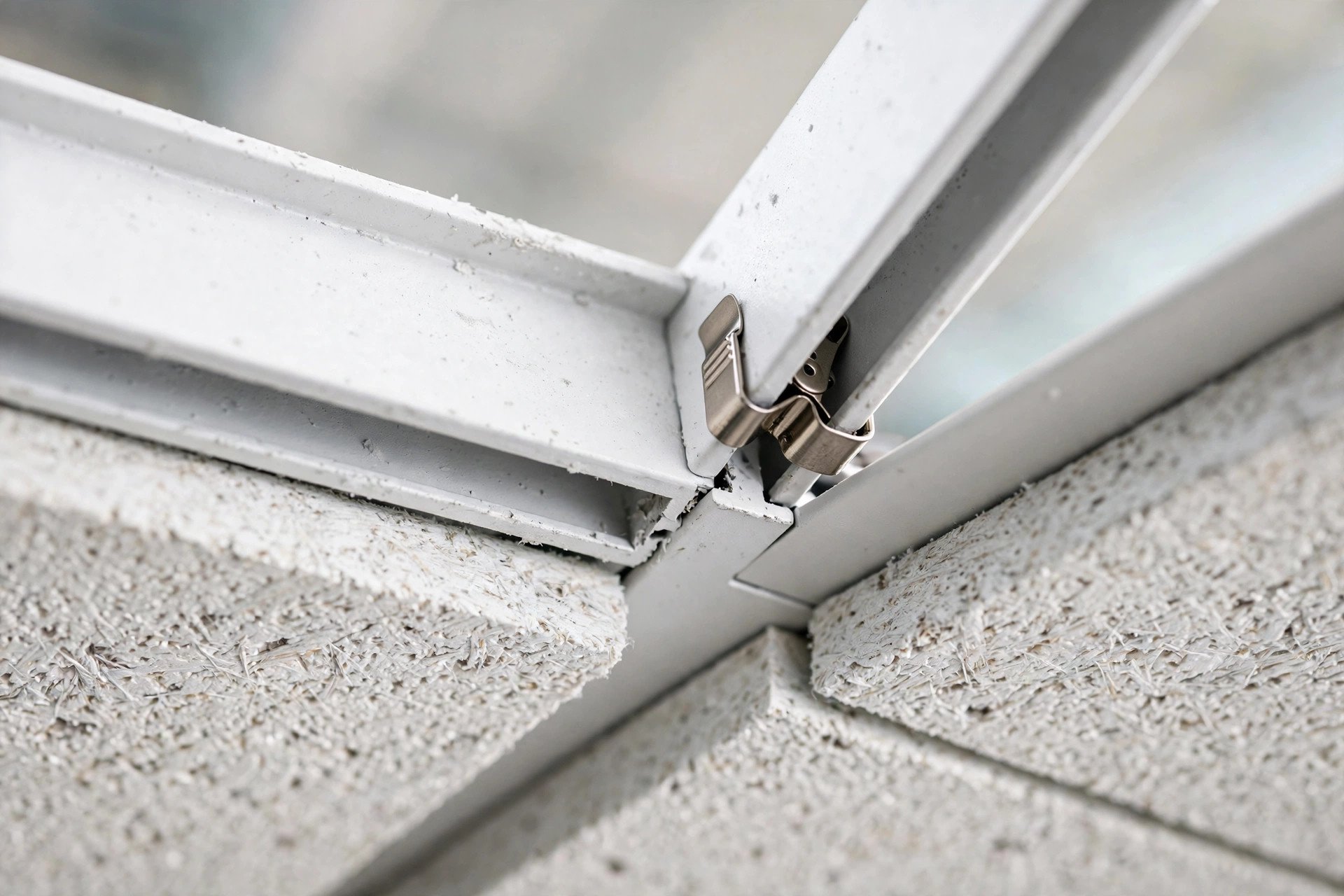 Detailed view of an exposed T-bar grid joint where a main runner meets a cross tee