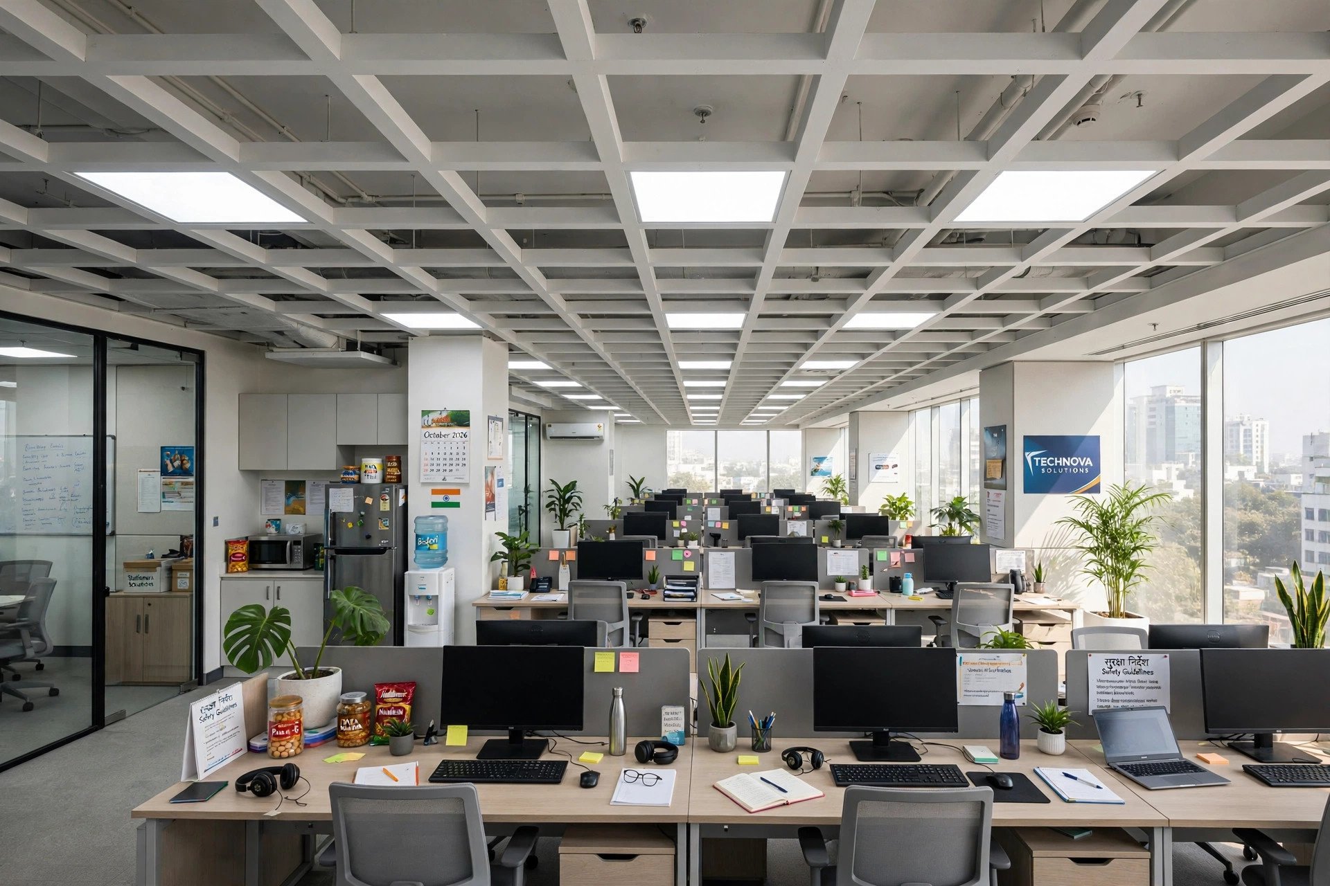 Open-plan Indian office with mineral fibre grid ceiling and LED panel lights