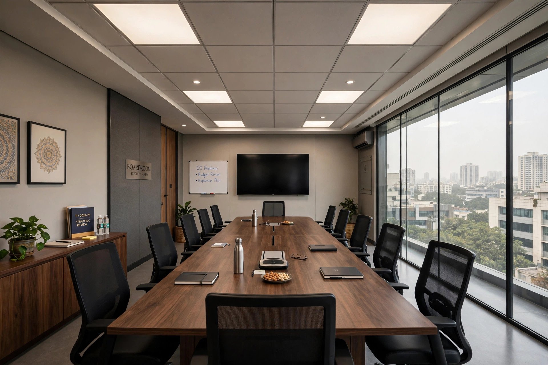Executive conference cabin with tegular-edge mineral fibre tile ceiling