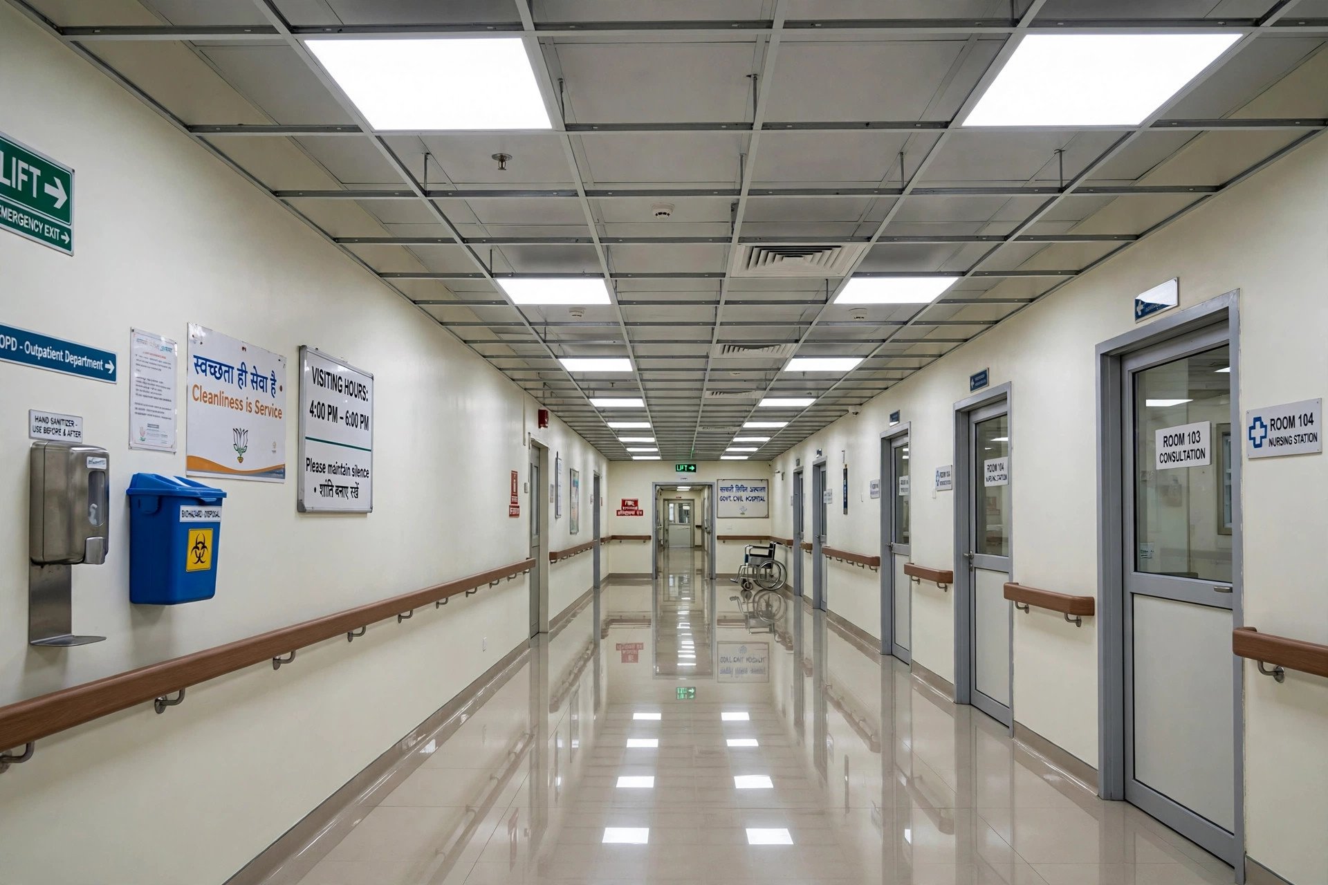 Hospital corridor with hygienic white acoustic tile grid ceiling
