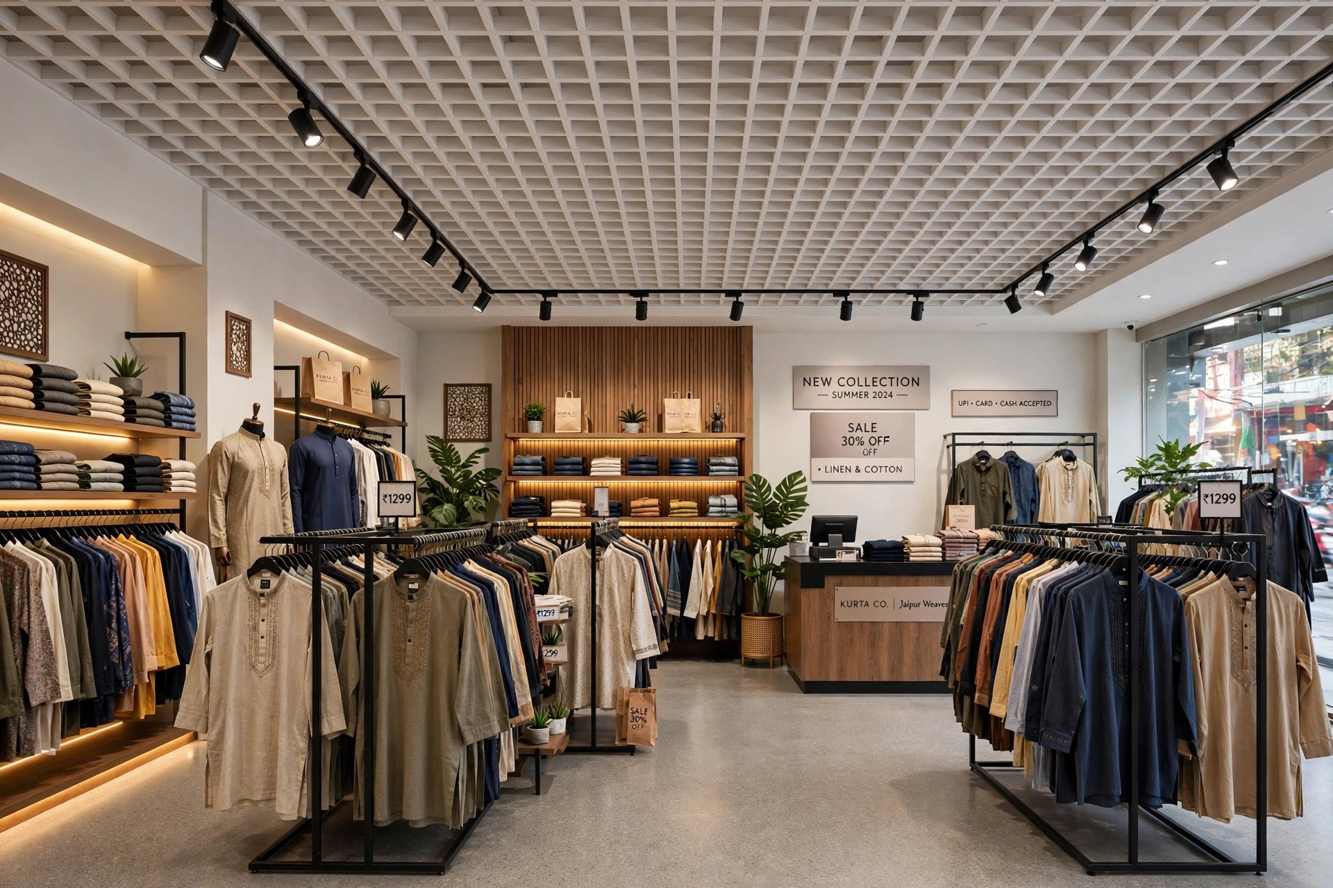 Retail store with grid ceiling and track spotlights replacing tile modules