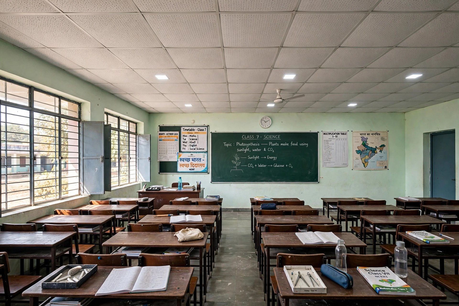 School classroom with pin-hole acoustic tile grid ceiling