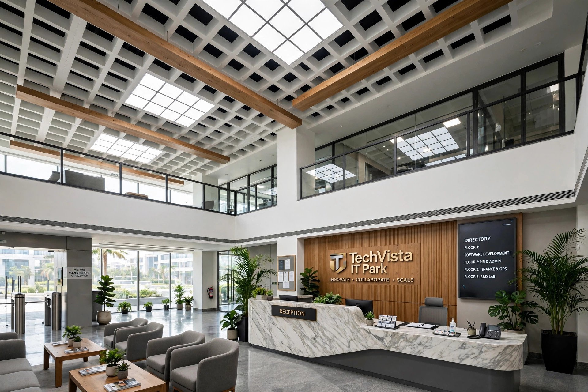 IT park lobby combining grid tiles with wood-finish baffle strips
