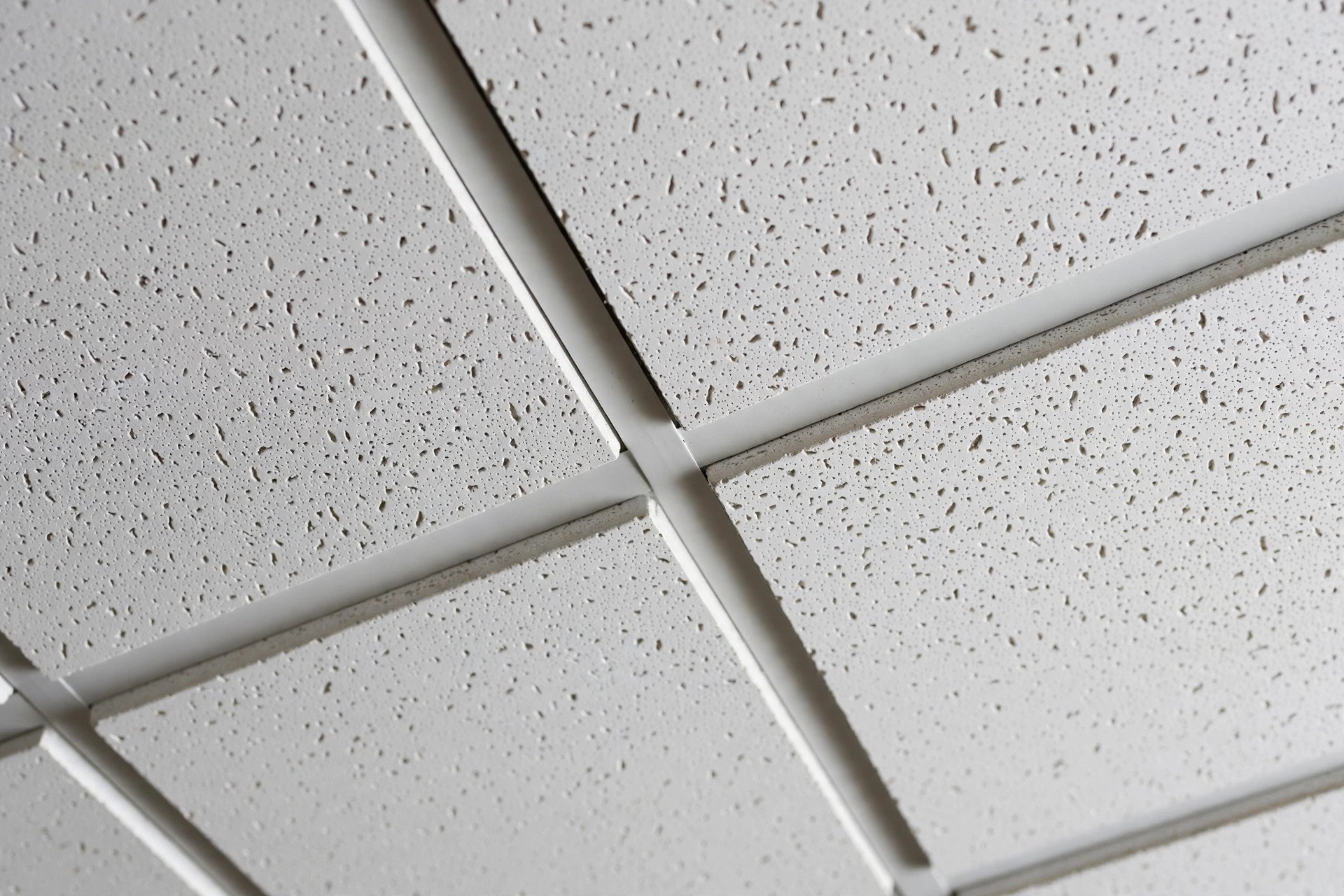 Tegular-edge mineral fibre tiles sitting below the grid line with fine shadow reveals