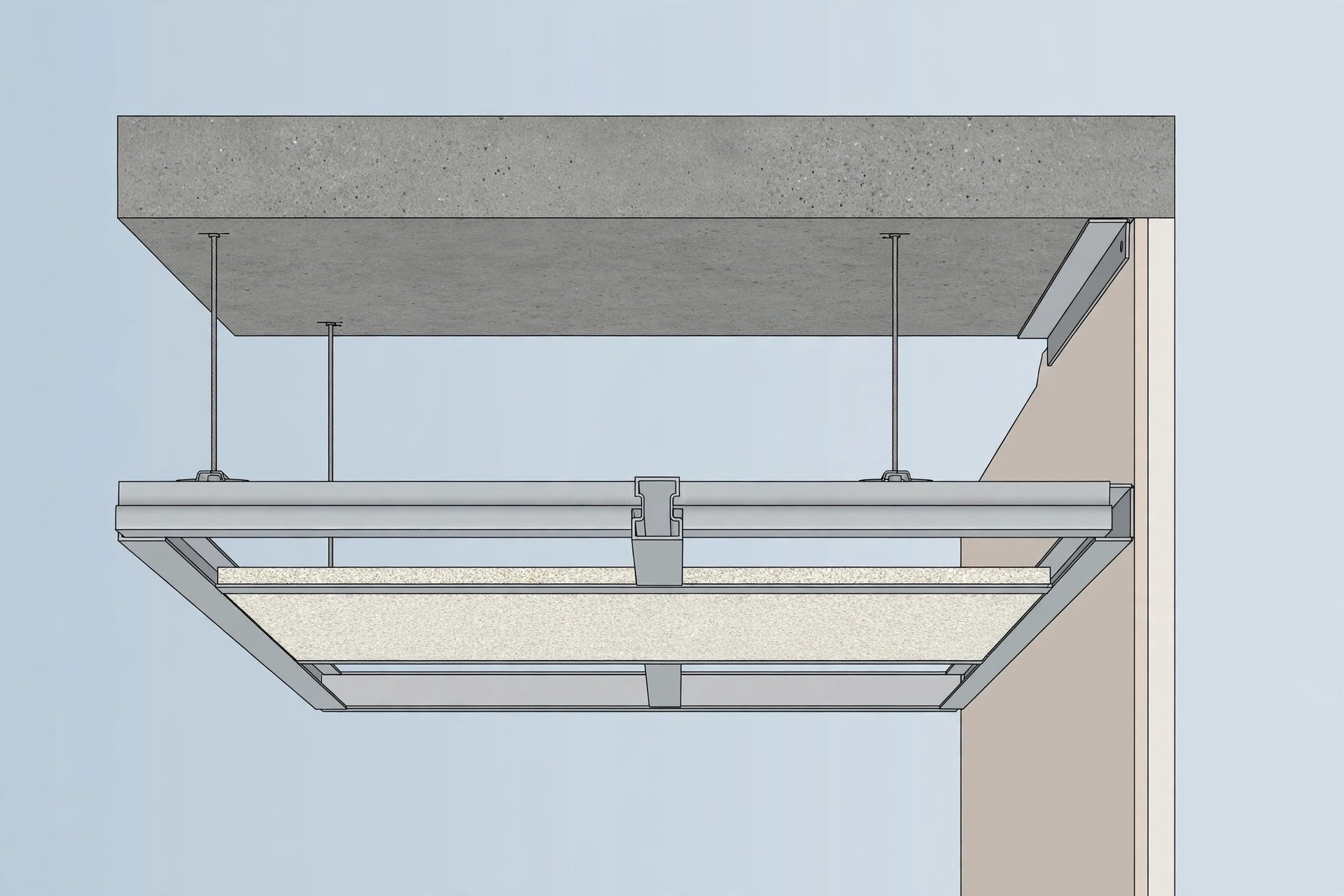 Cross-section illustration of a suspended grid ceiling showing slab, hanger wires, runners and tile
