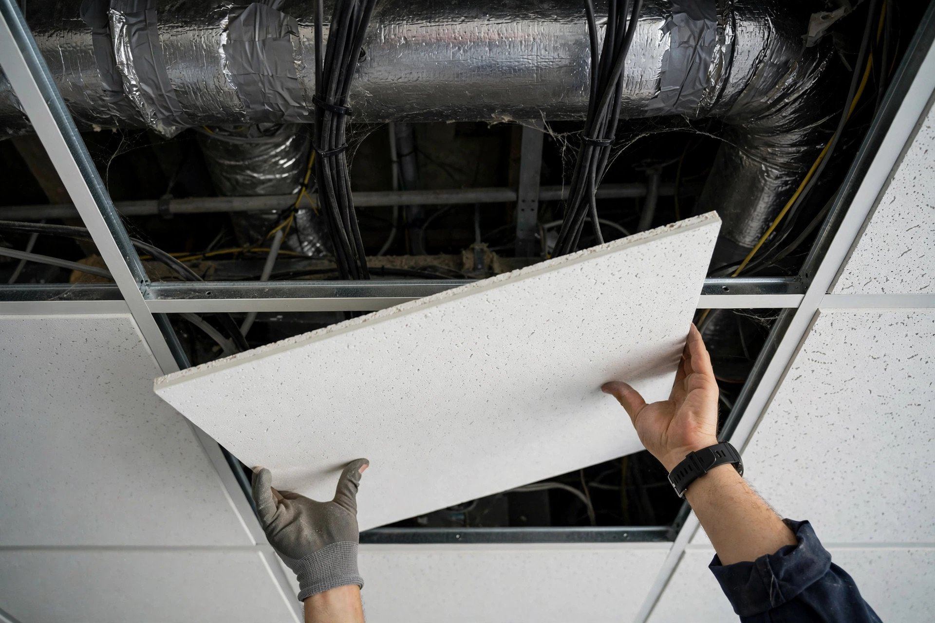 Technician lifting a mineral fibre tile to access ducts above the grid ceiling