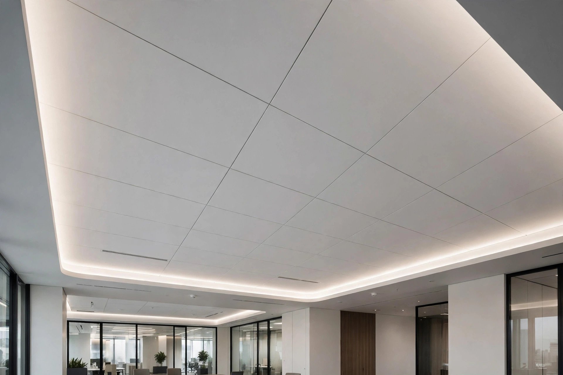 Concealed clip-in grid ceiling with a near-seamless white surface