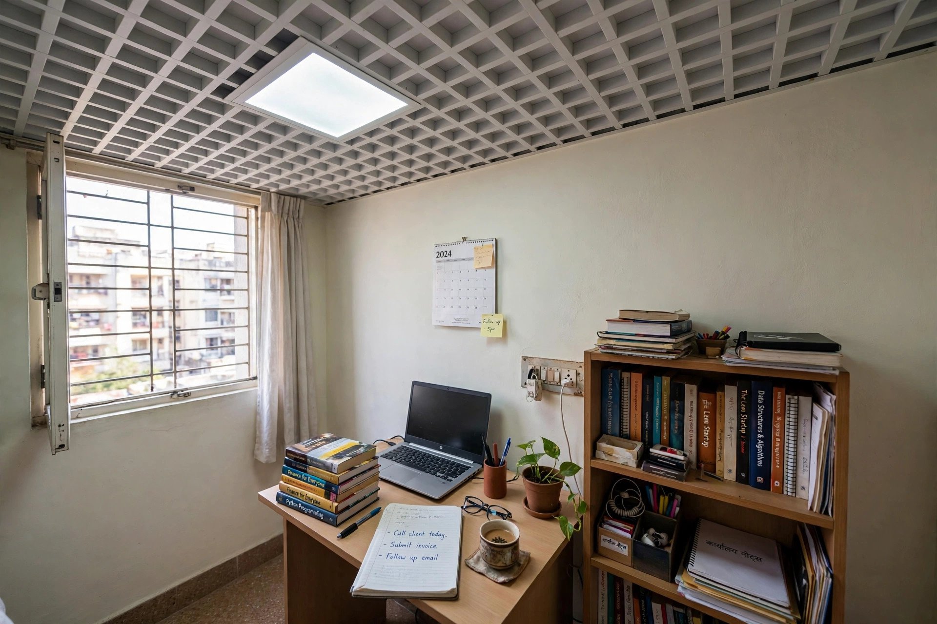 Small home office in an Indian apartment with a simple mineral fibre grid ceiling
