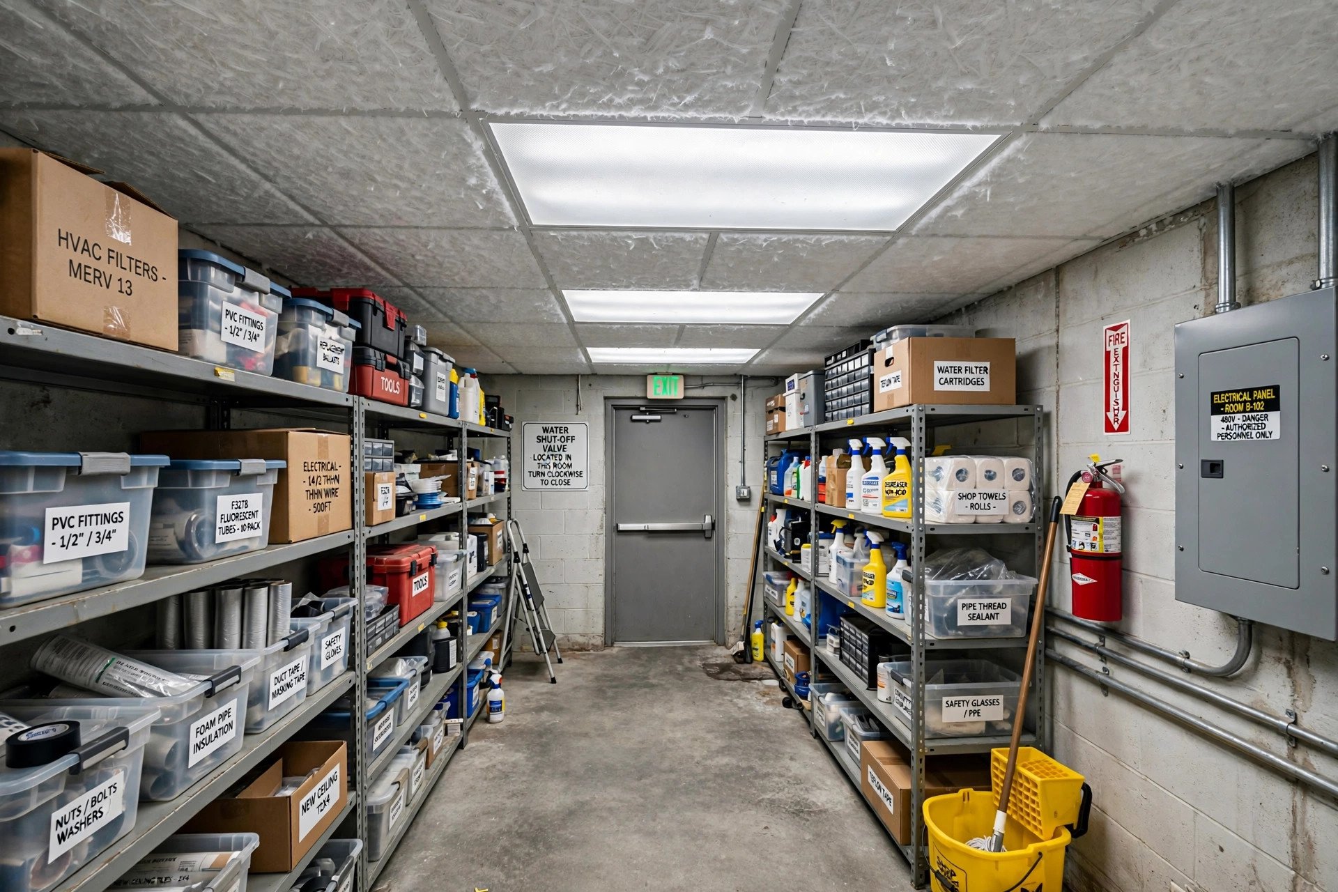 Building utility room with practical grid ceiling hiding pipes and conduits