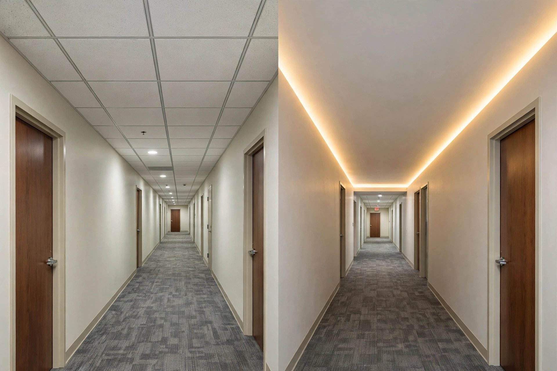 Side-by-side comparison of a grid tile ceiling and a seamless gypsum ceiling