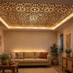 Indian living room with a laser-cut MDF jali false ceiling panel backlit with warm cove lighting