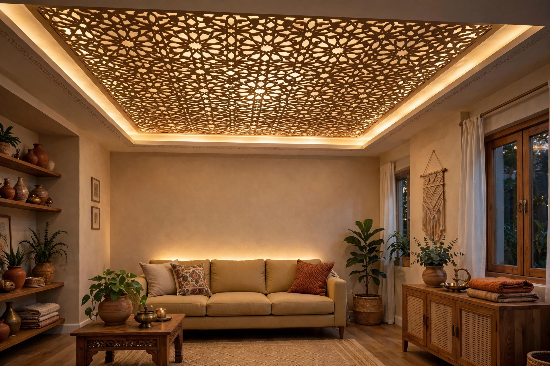 Indian living room with a laser-cut MDF jali false ceiling panel backlit with warm cove lighting