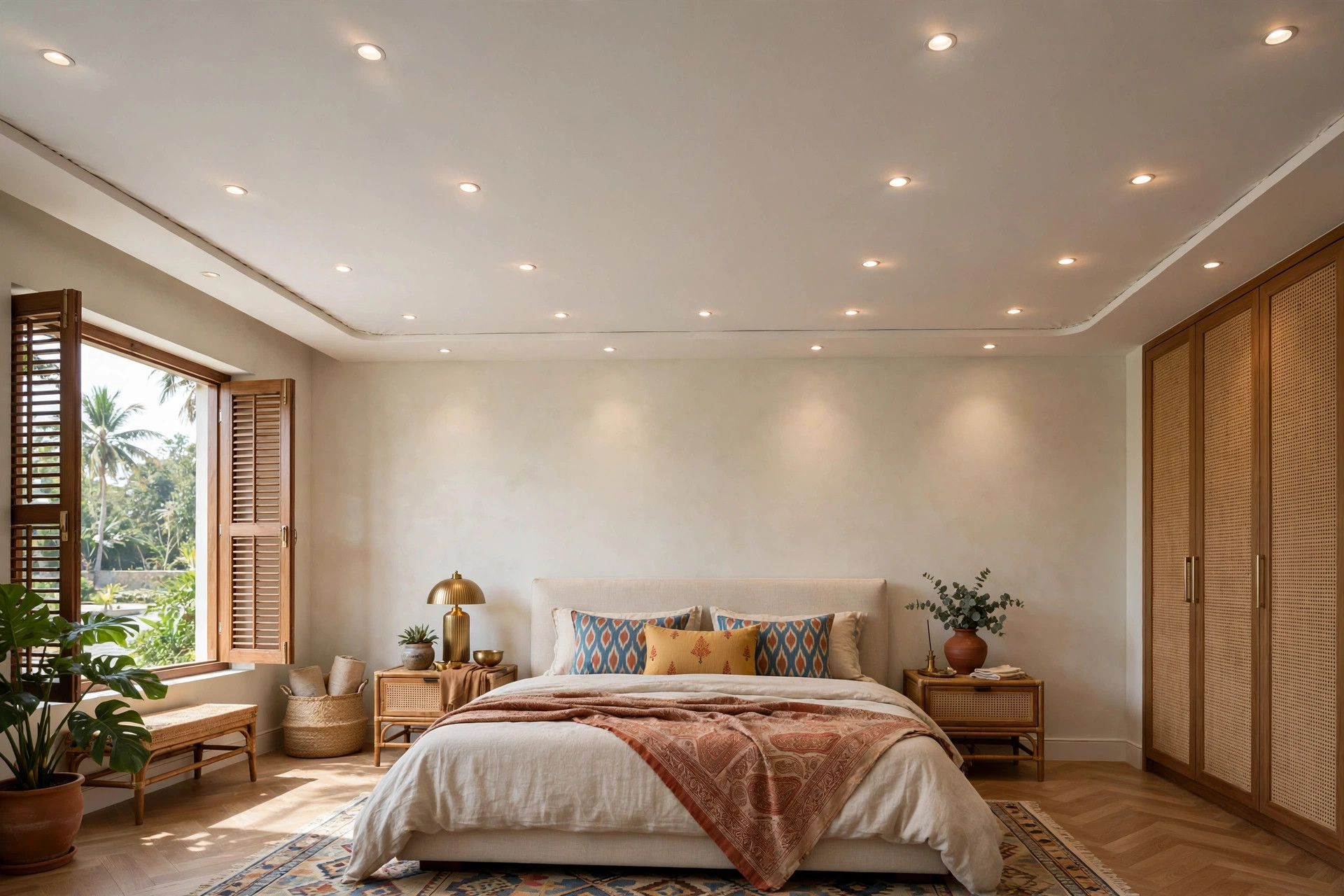 Modern Indian bedroom with a seamless matte stretch fabric false ceiling and recessed spotlights
