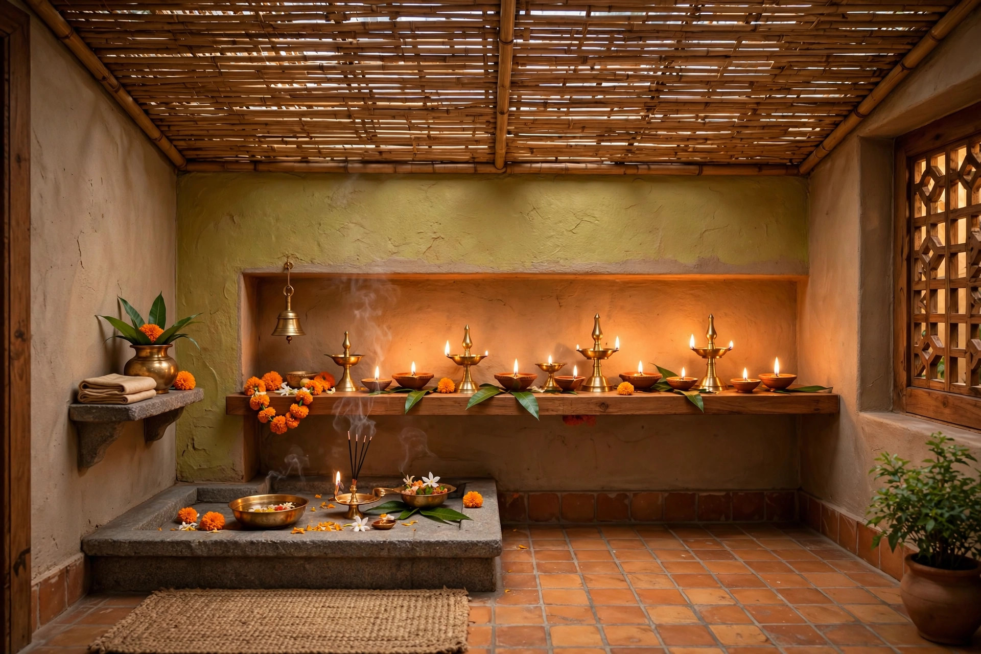 Small Indian pooja room with a natural bamboo slat false ceiling and warm diya lighting
