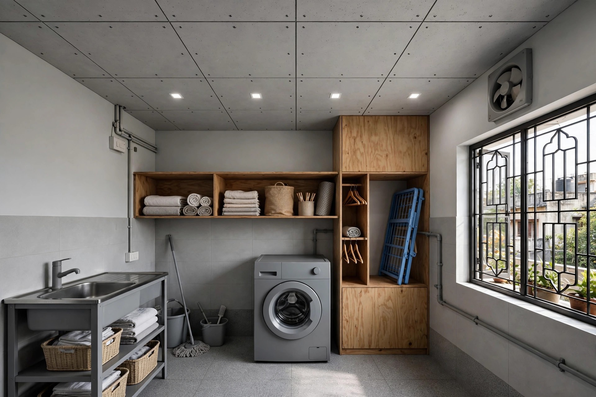 Laundry utility room with fibre cement board panel false ceiling in matte grey white