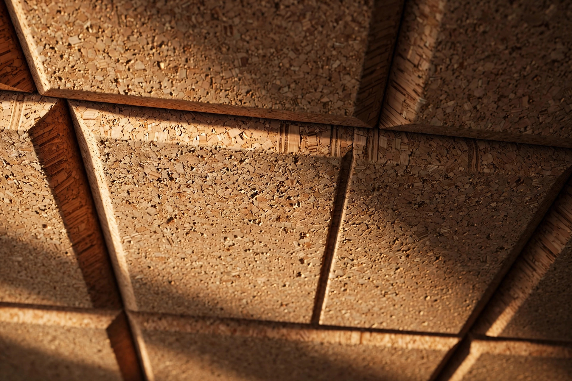 Macro close-up of natural cork ceiling tiles showing granular cork texture