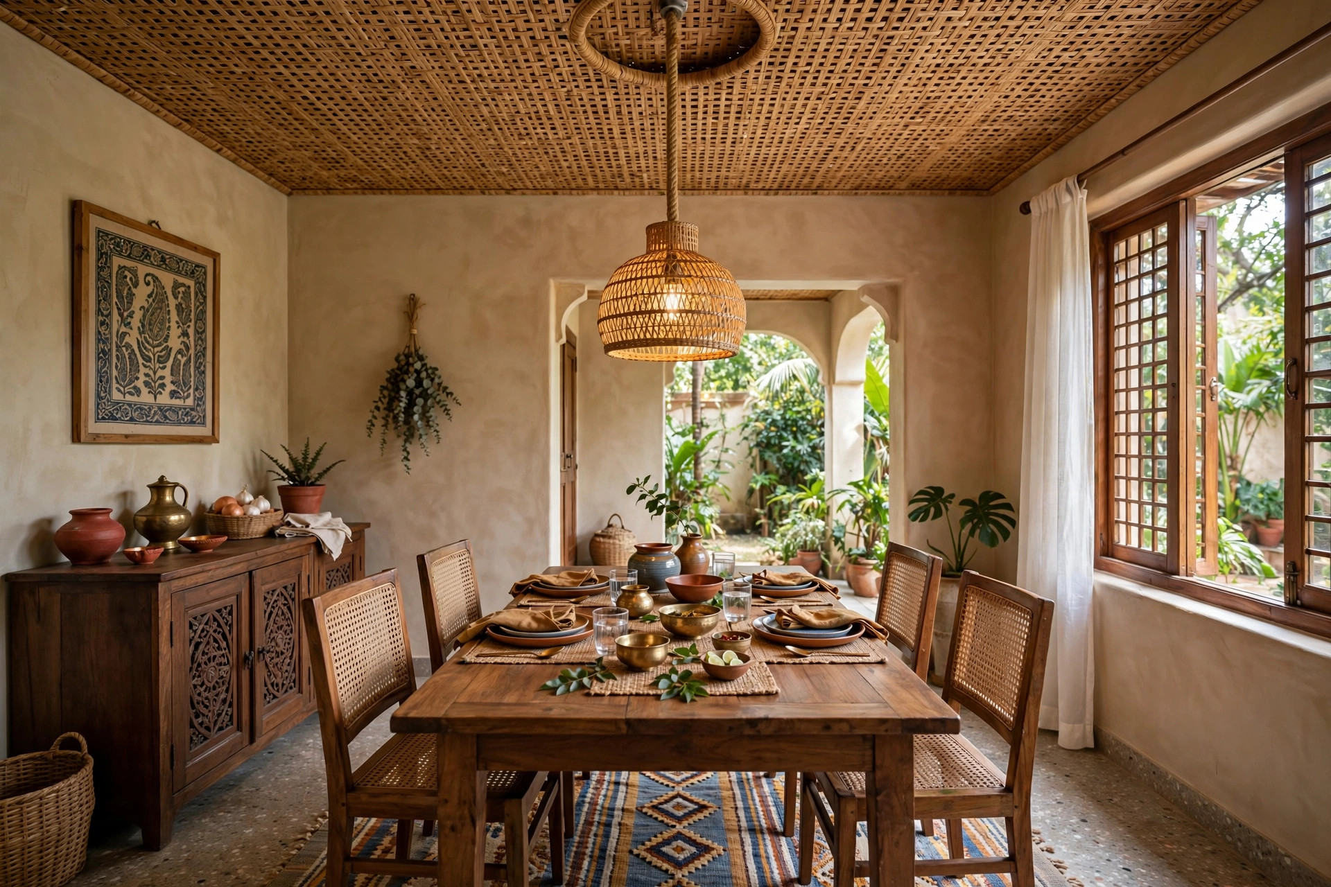 Indian dining room with a hand-woven rattan cane weave panel false ceiling above the dining table