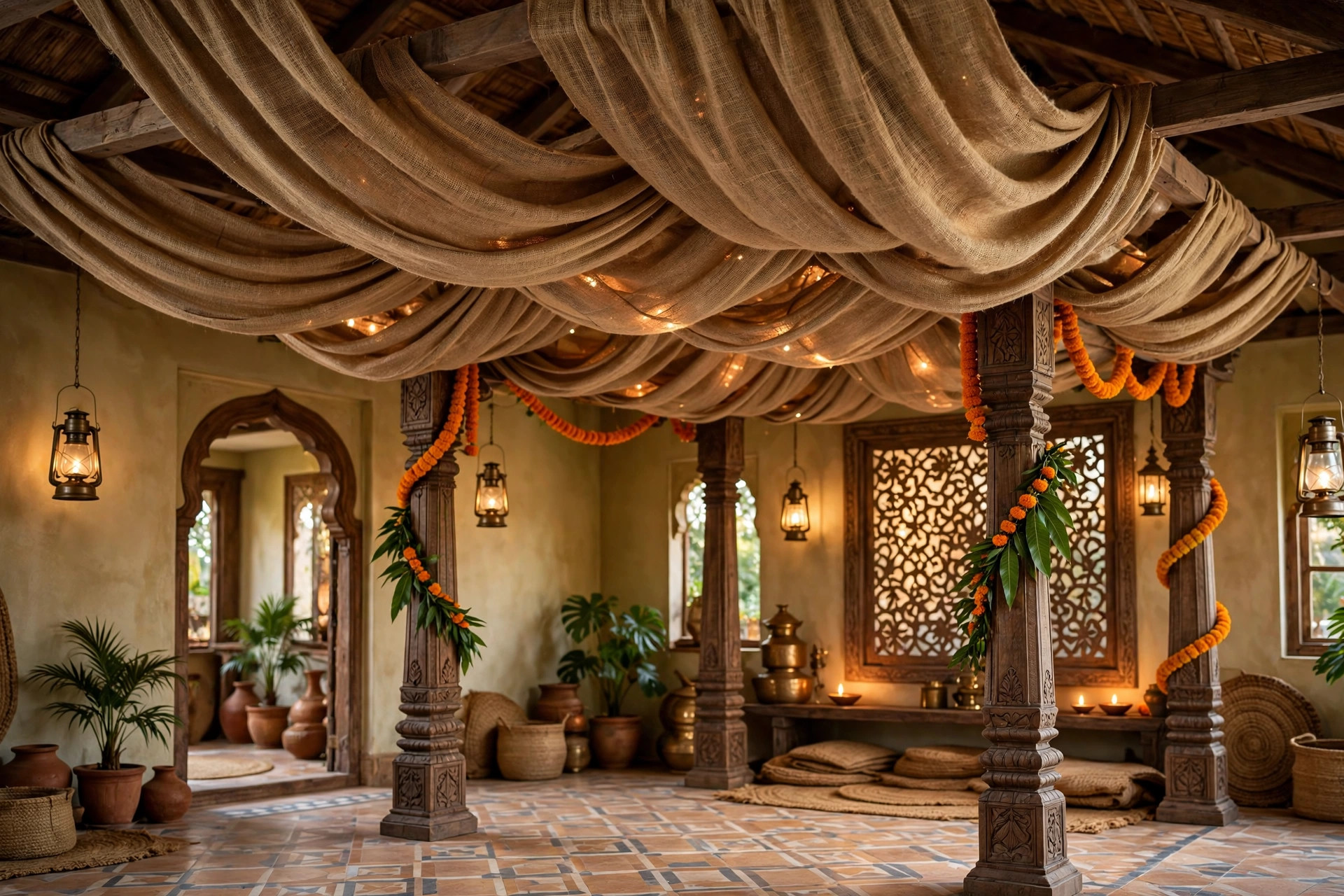 Draped jute fabric ceiling canopy with soft natural folds at an indoor event