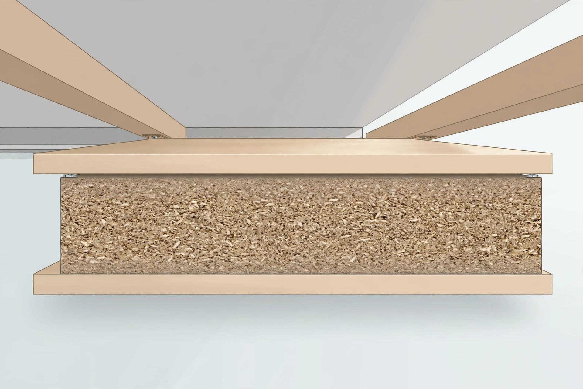 Illustration showing the cross-section of an MDF board ceiling panel with dense fibre core