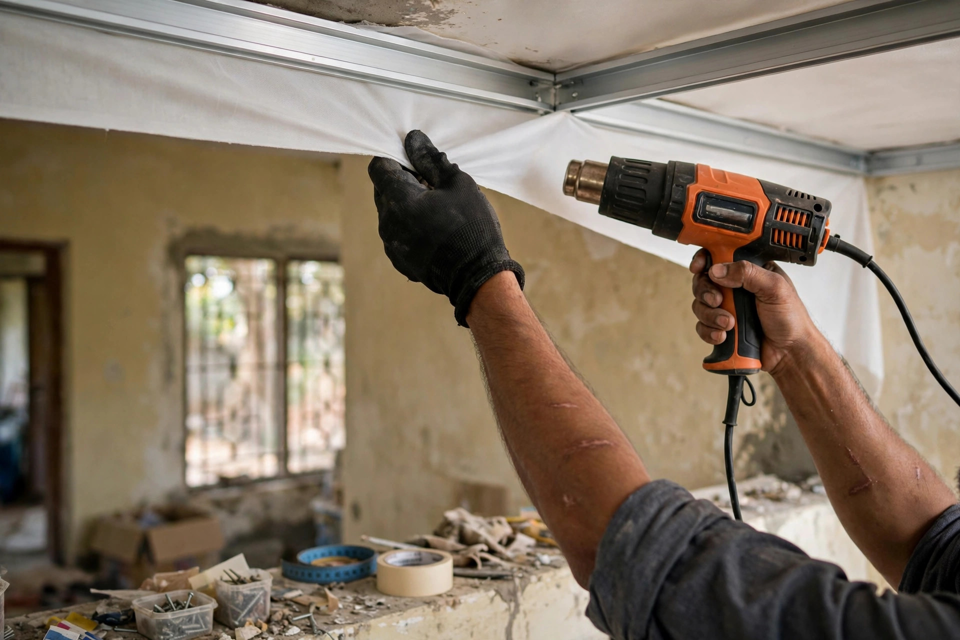 Technician's hands using a heat gun to stretch a fabric membrane into a ceiling track