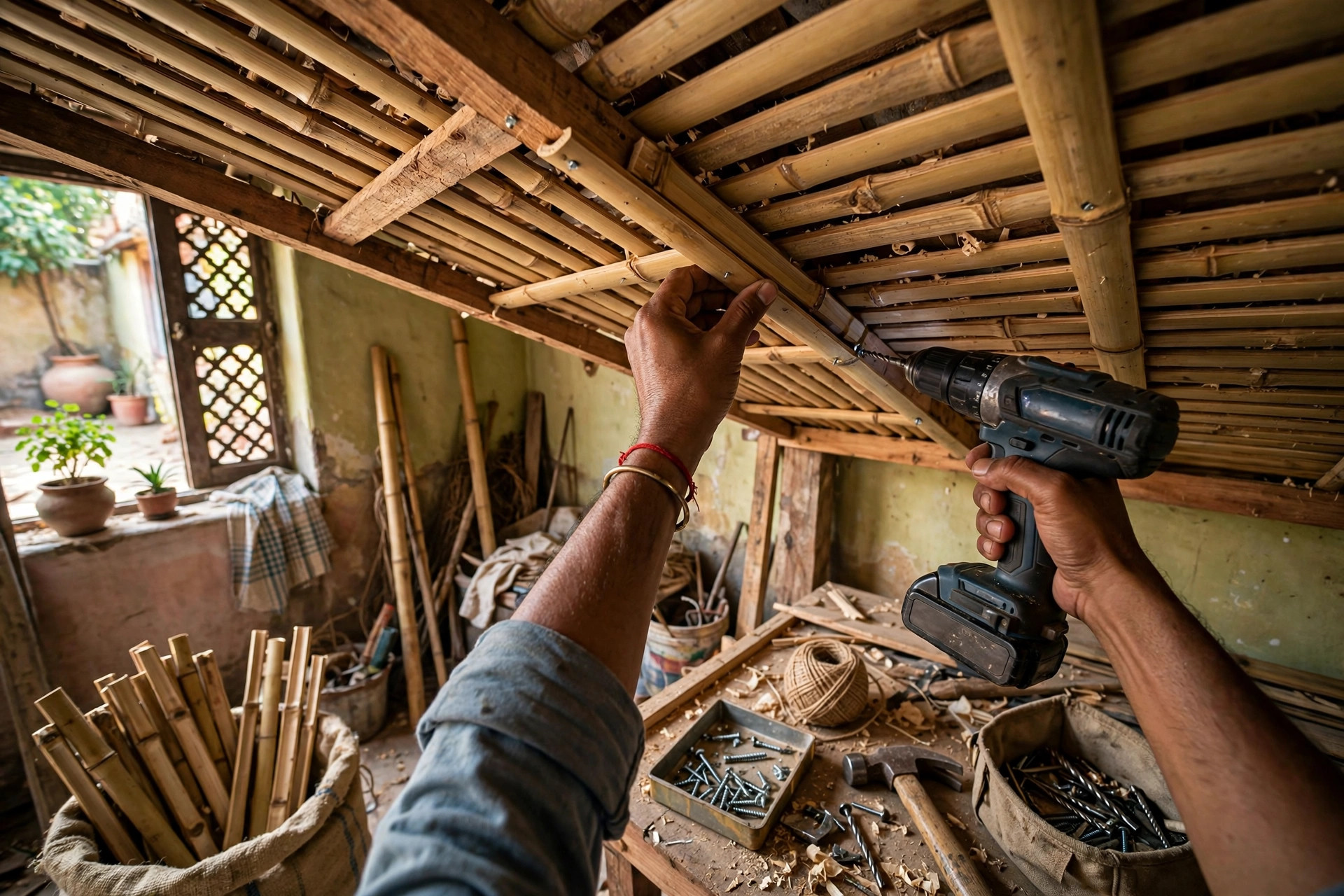 Hands fixing bamboo slats to a wooden batten frame on a ceiling during installation