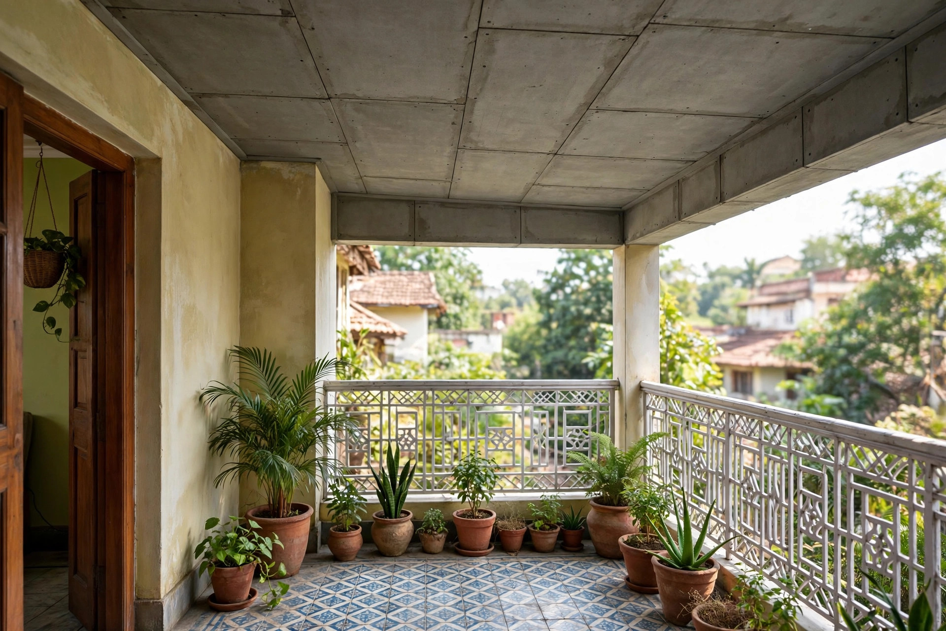 Covered Indian balcony with fibre cement board panel ceiling and potted plants below